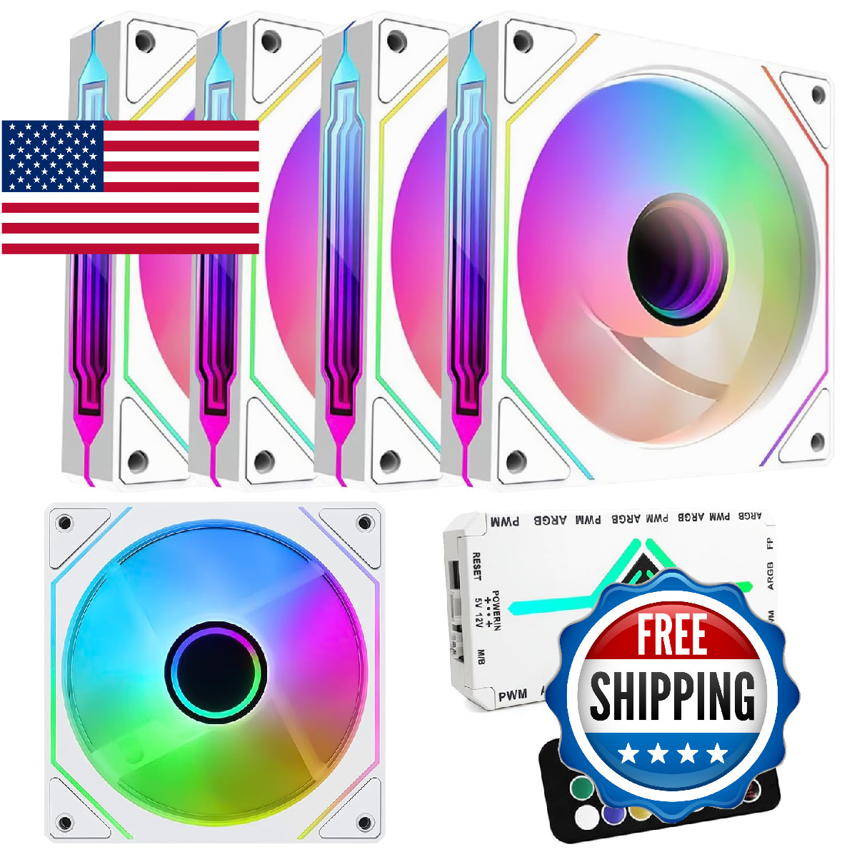 RGB Fans 5-Pack 120mm PWM ARGB Case Fan w/ Hub Remote Speed Control Quiet