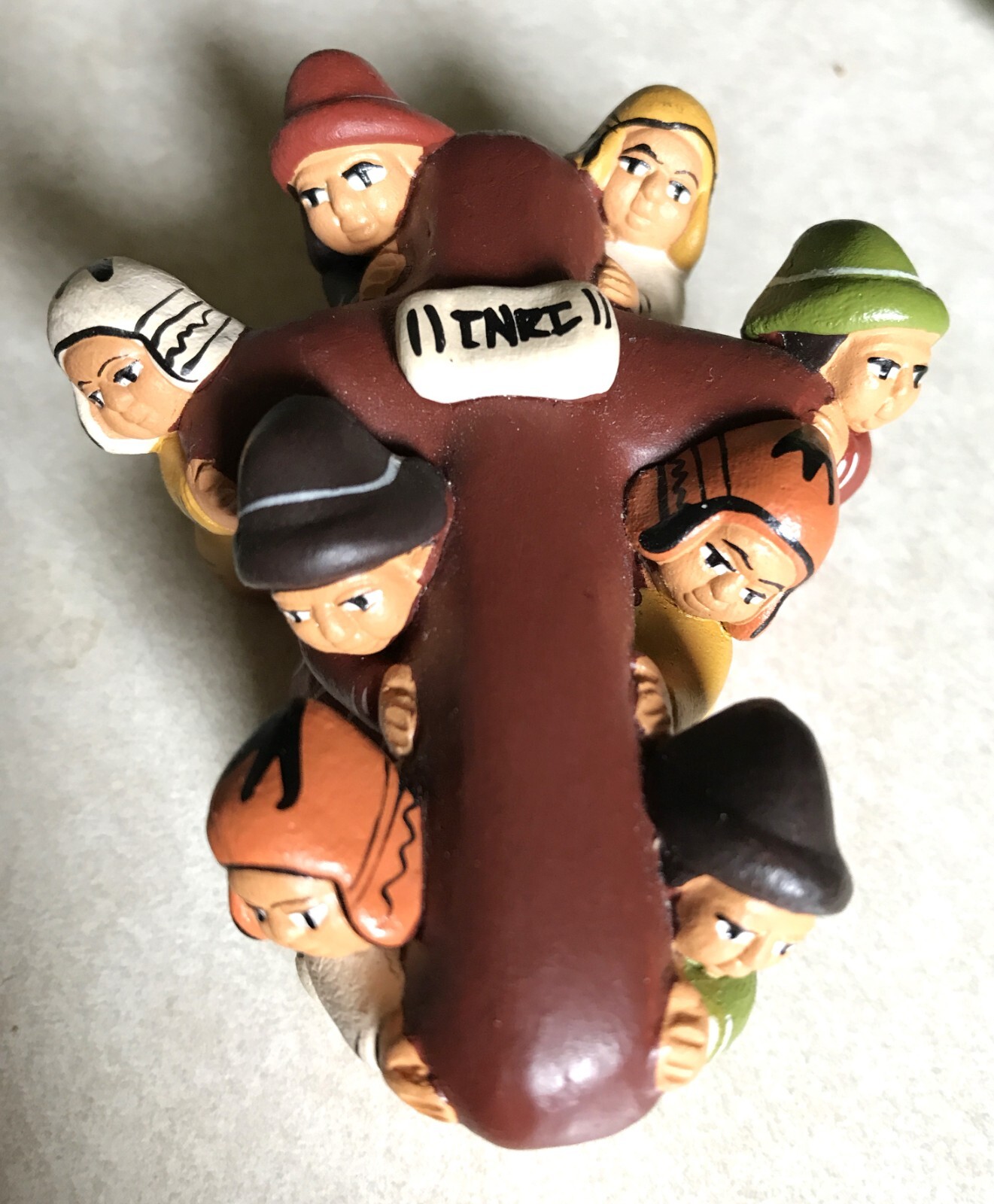 Peru Clay Figures Carrying Crucifix Cross Ethnic Handmade Religious Folk Art