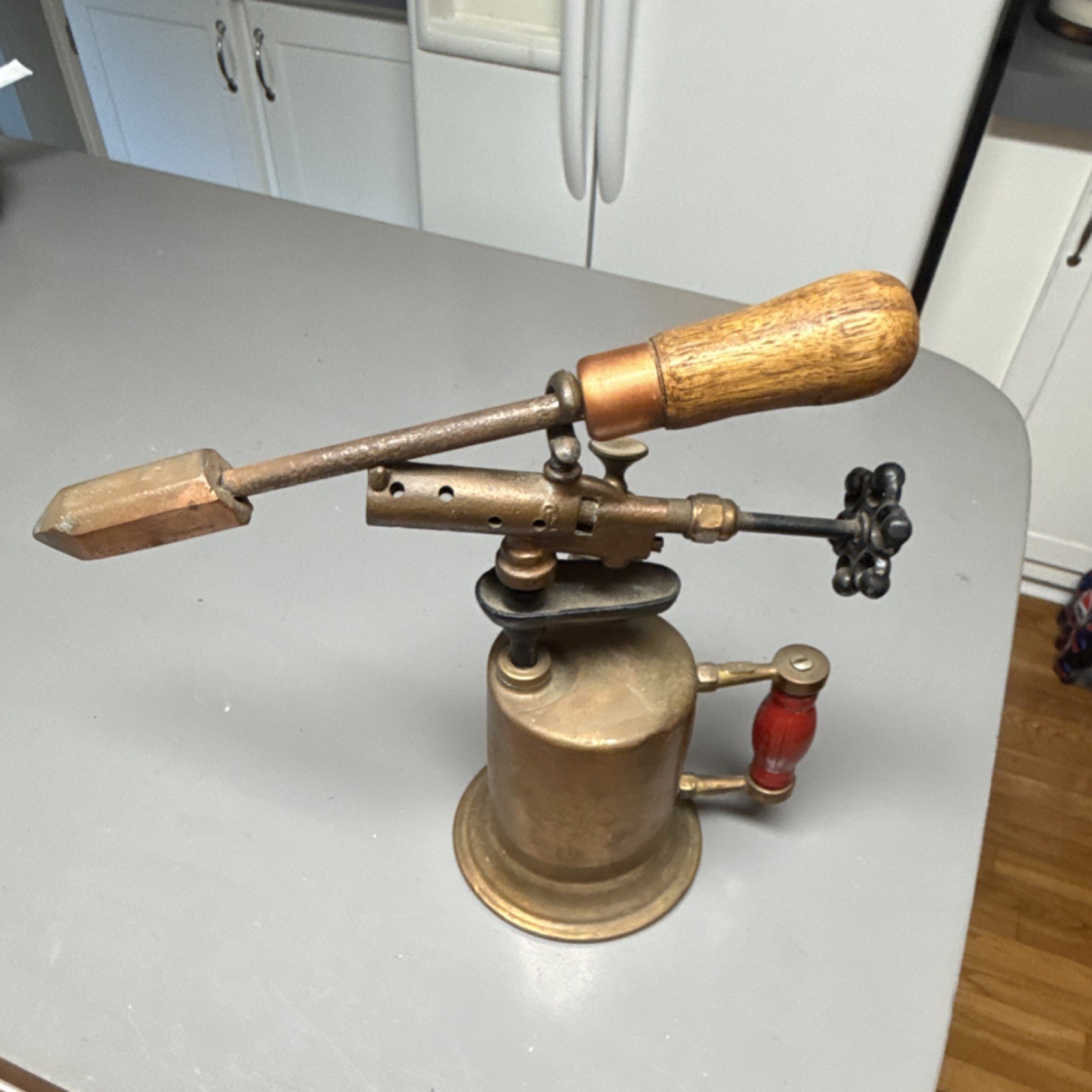 Clayton & Lambert Vintage Brass Blowtorch Soldering Tool with Wooden Handle