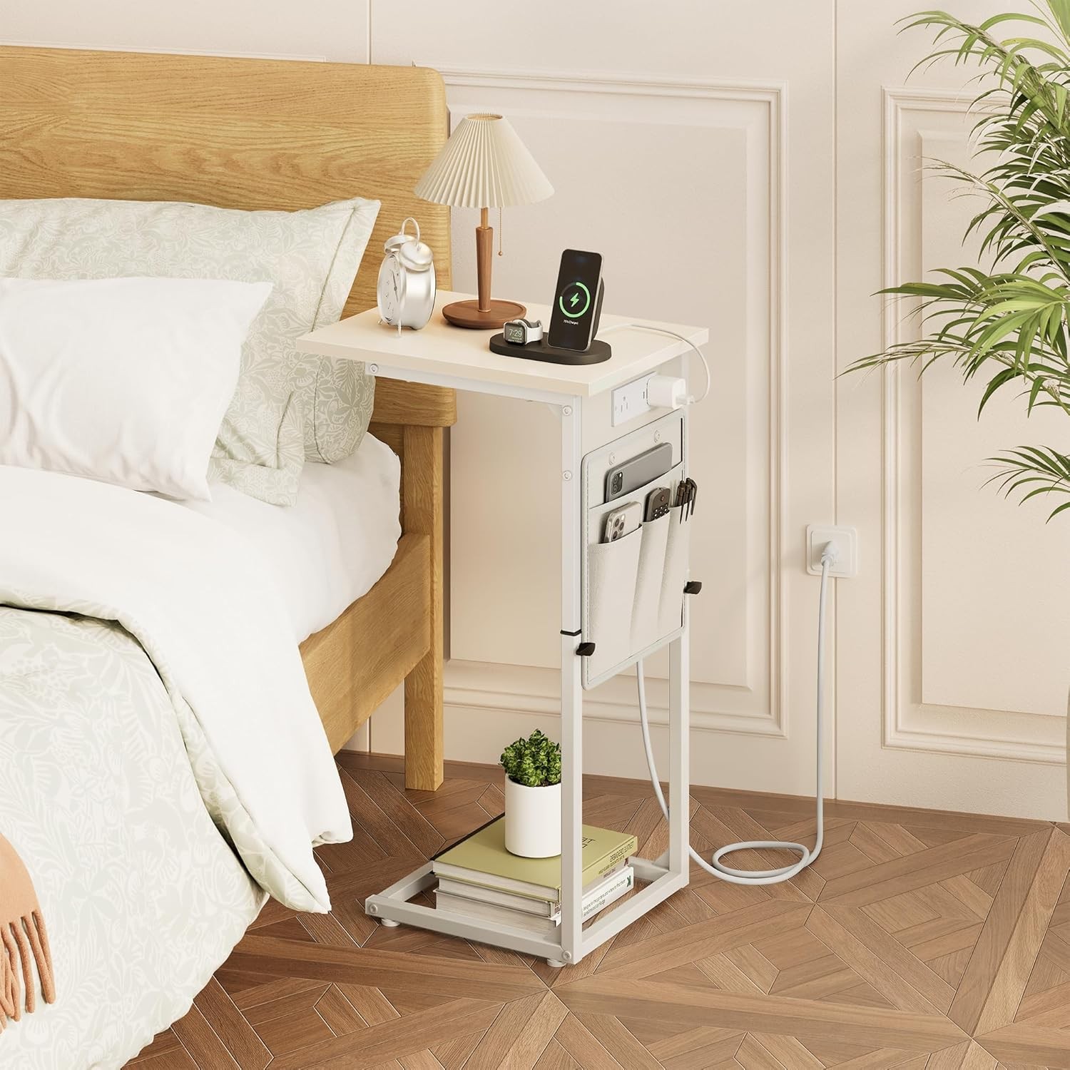 C Shaped End Table W/ Charging Station Adjustable Height Side Table Couch Small