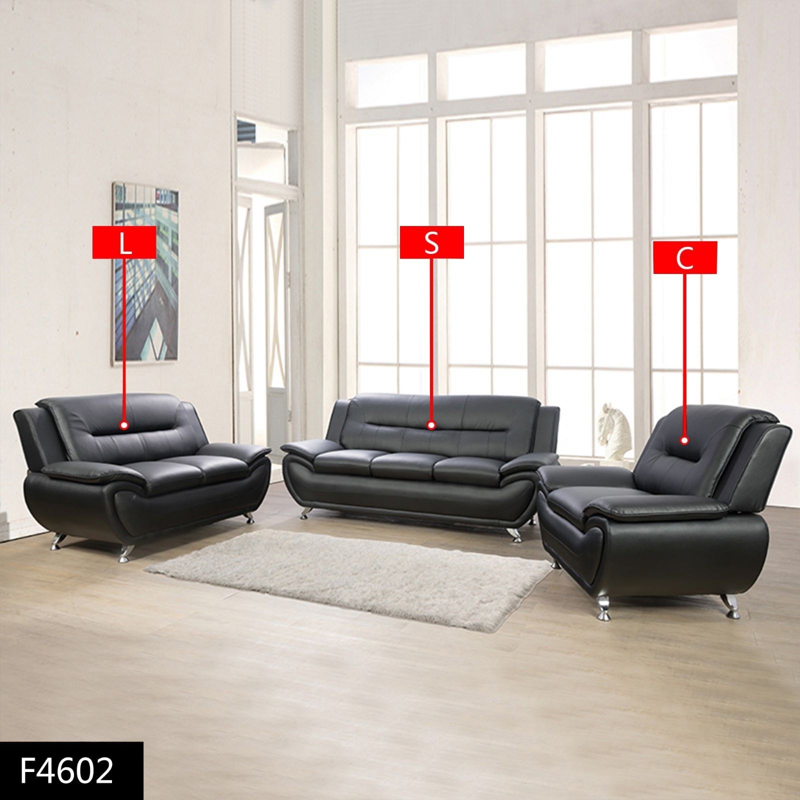 Black Faux Leather 3-Piece Couch Living Room Sofa