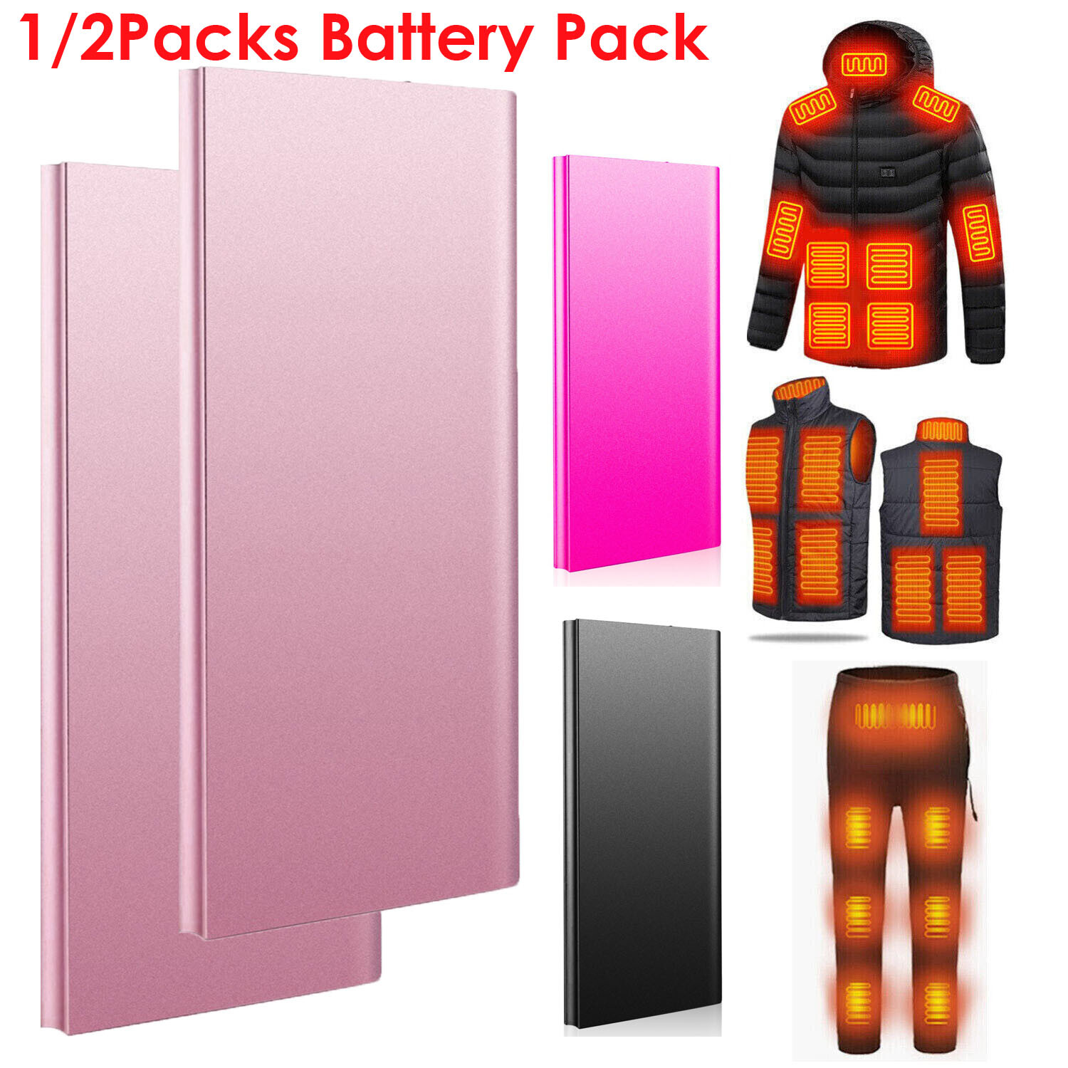 1/2Packs 20000mAh Battery Pack USB Power Bank For Heated Vest Jacket Pants Scarf