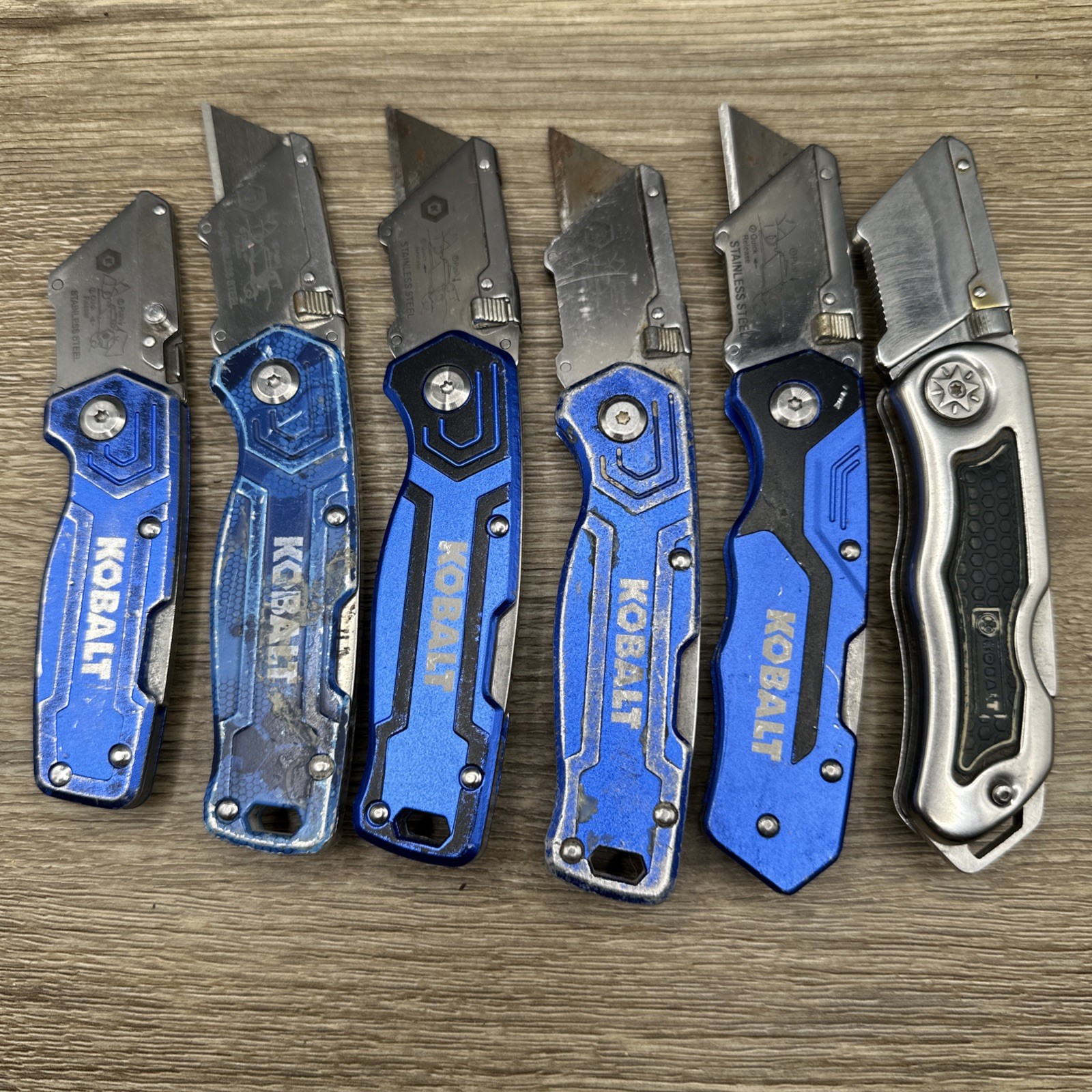 (LOT H) 6 Kobalt Folding Utility Knife Knives Box Cutters Blue TSA Surplus