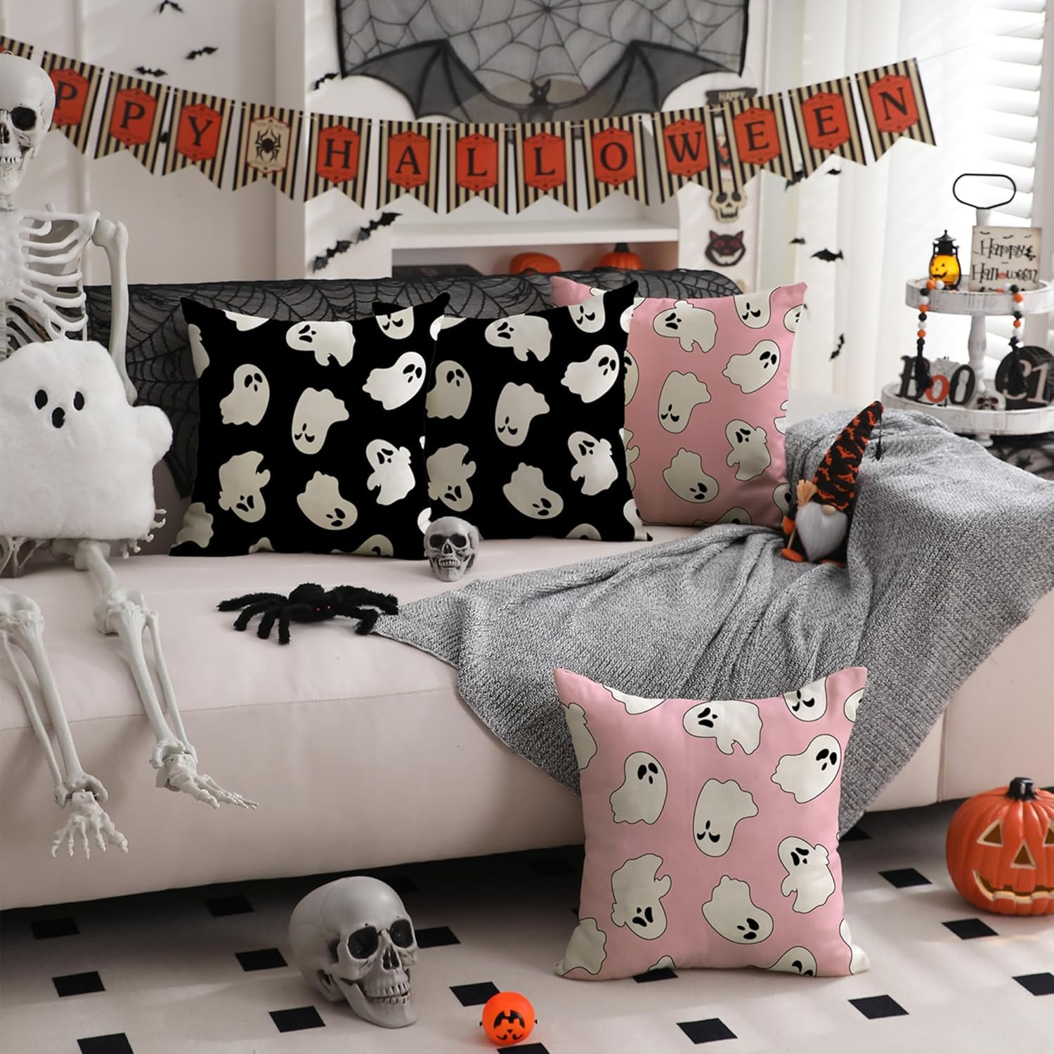 Halloween Pillow Covers 18X18 Inch Set of 2 Happy Halloween White Ghost Decor Bl