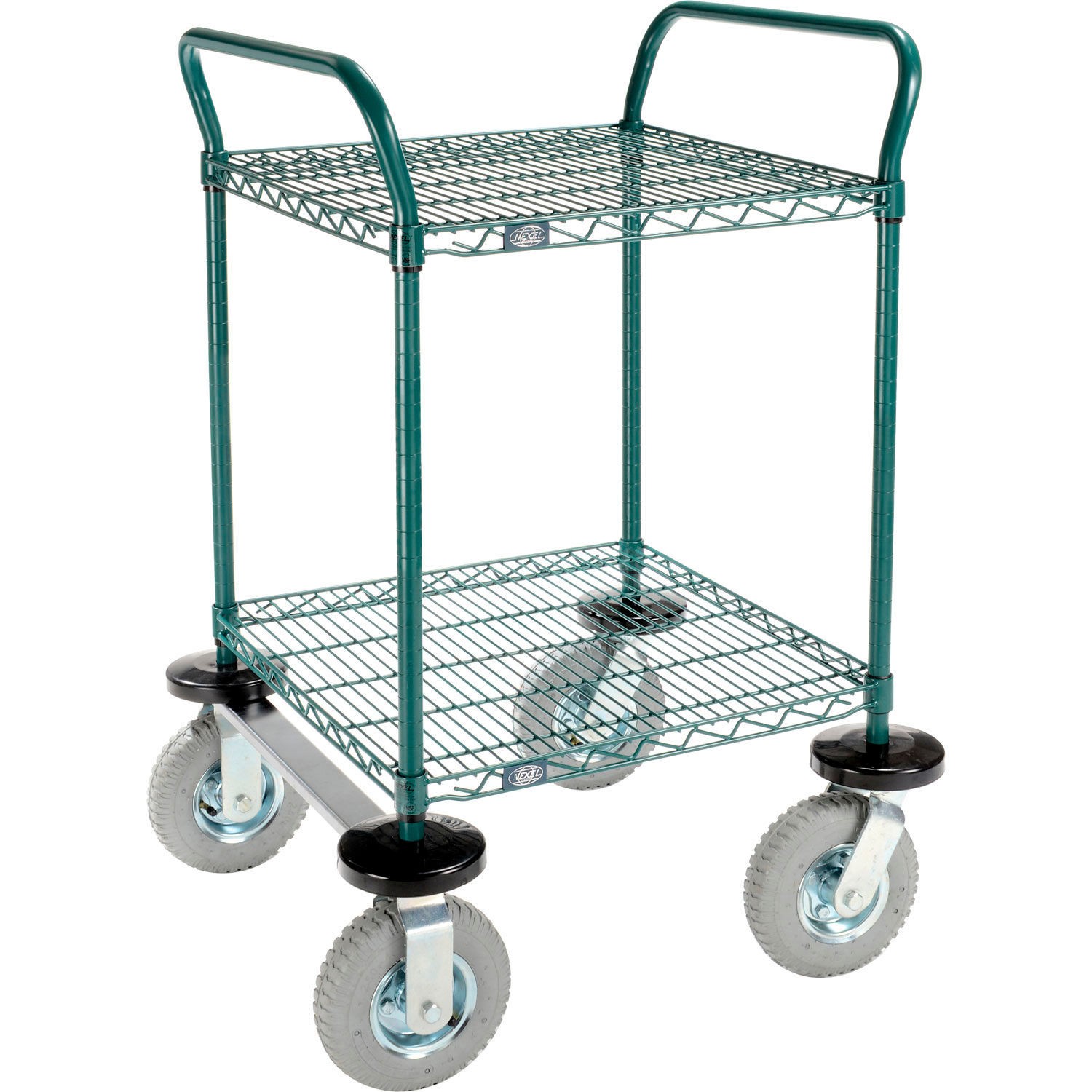 Nexel Utility Cart 2 Shelf Poly-Green 24"L x 24"W x 42"H Pneumatic Rigid Casters