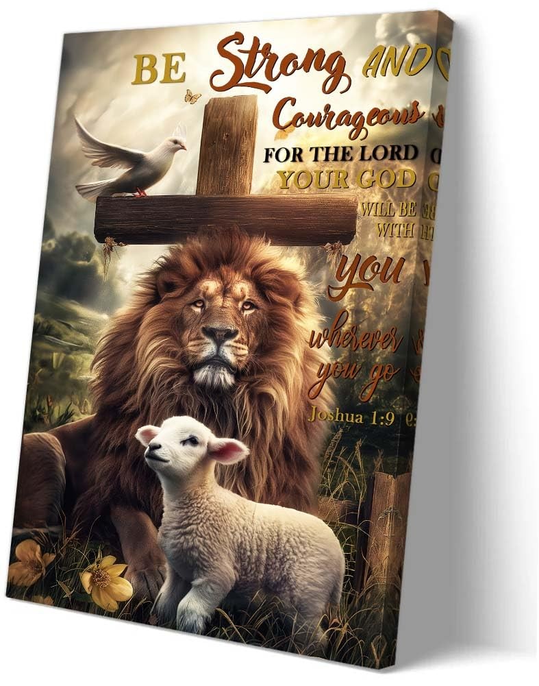 Sboobily Lion And Lamb Pictures Wall Decor Be Strong 12"L x 8"W, Joshua 1 9