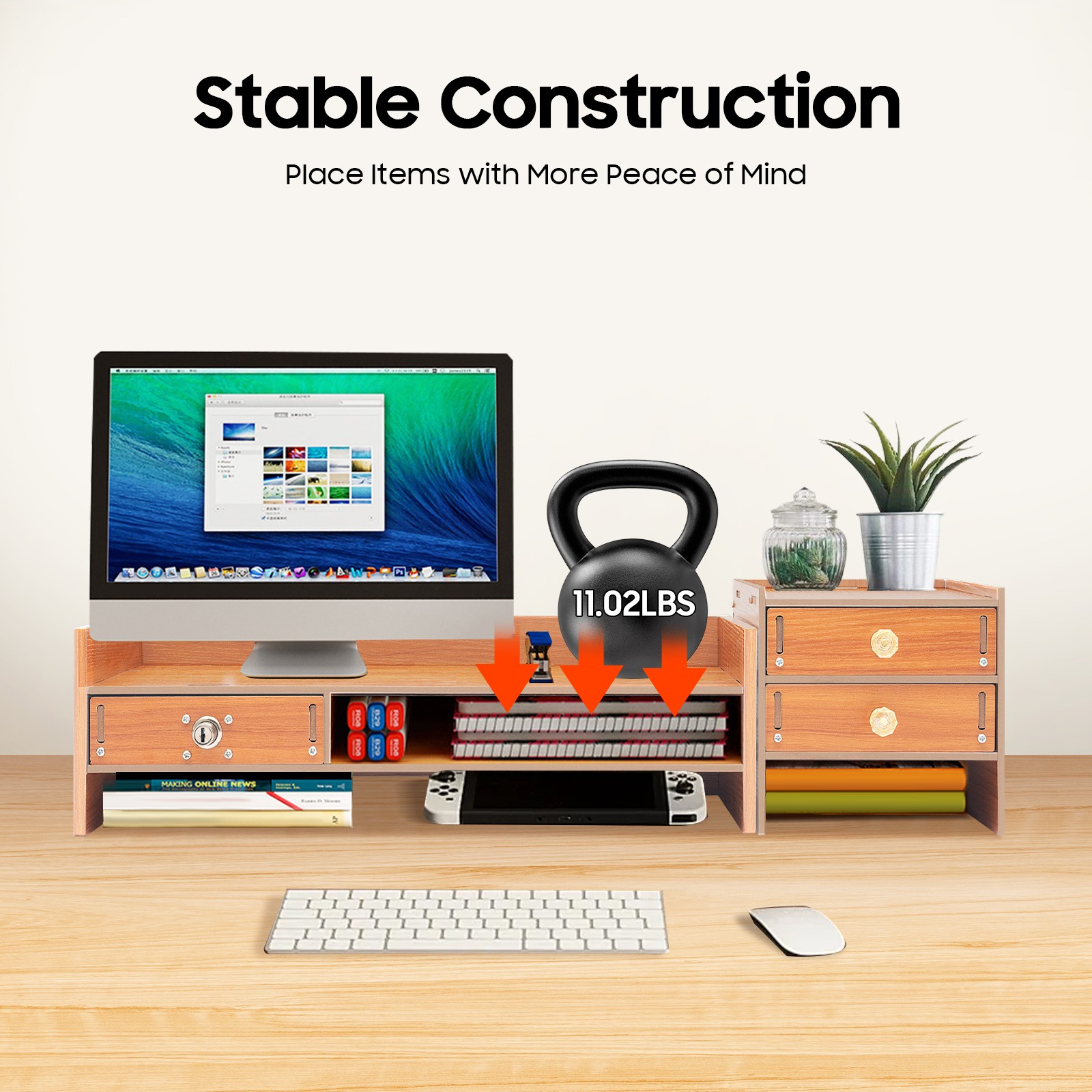 Wooden Desk Organizer with Drawers Office Supplies Computer Desktop Tabletop