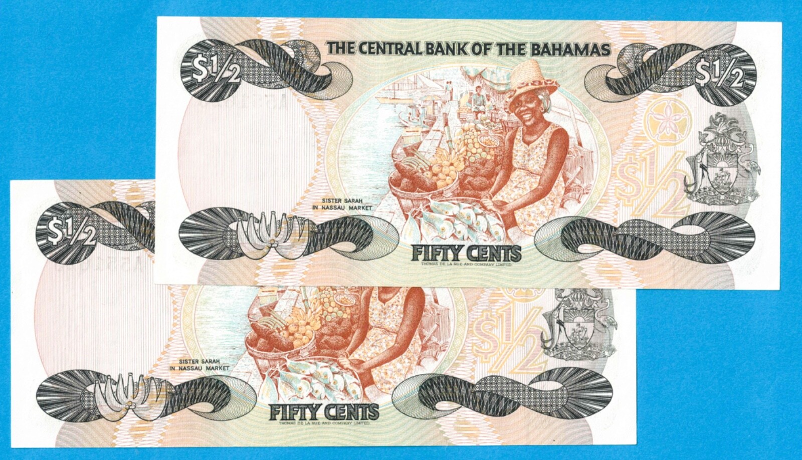 Bahamas 1974 $1/2 Half Dollar Note P#42a - Two Notes Consecutive AU+