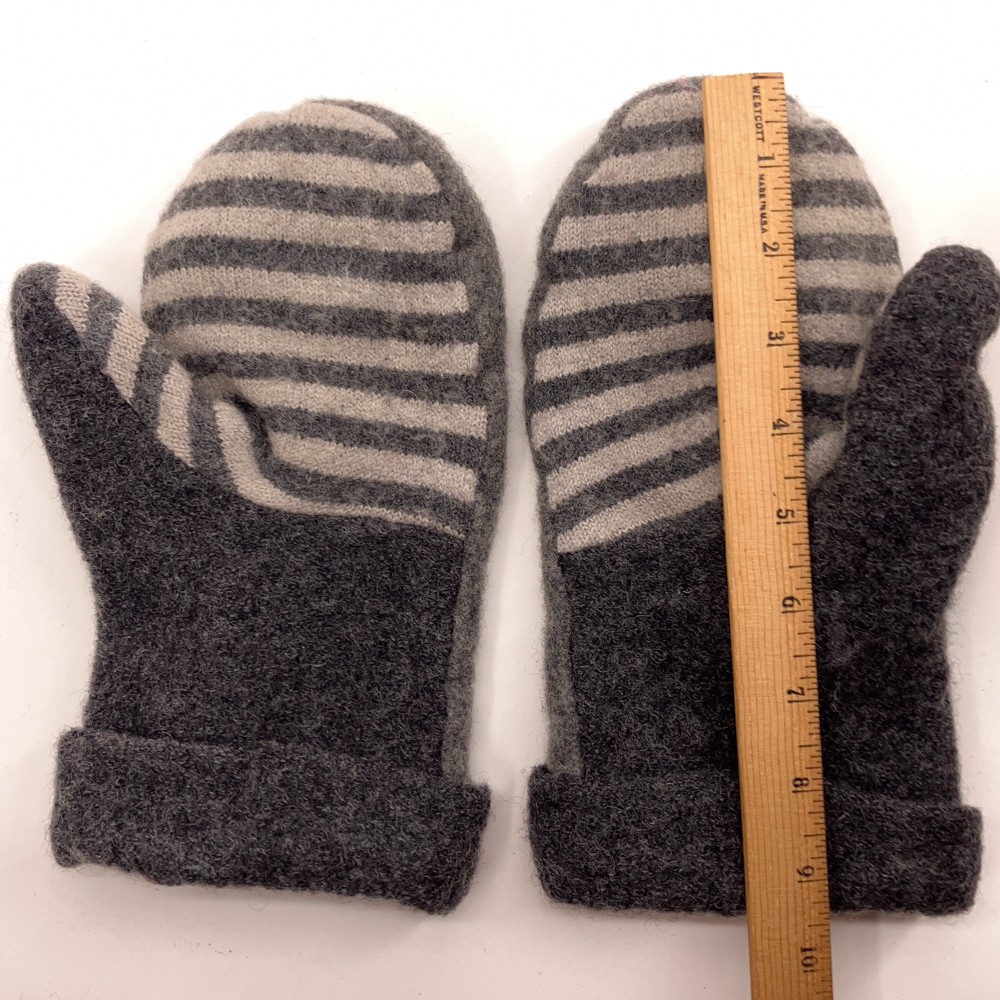 Upcycled Gray Stripe Sweater Mittens Button