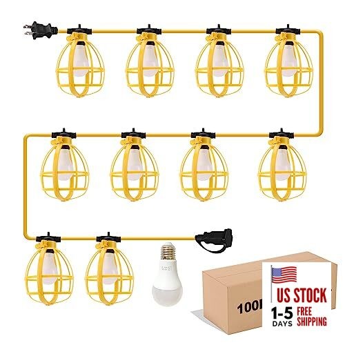 100FT Construction String Lights, 100W 11 Bulbs Work Lights with 100 FT -cover
