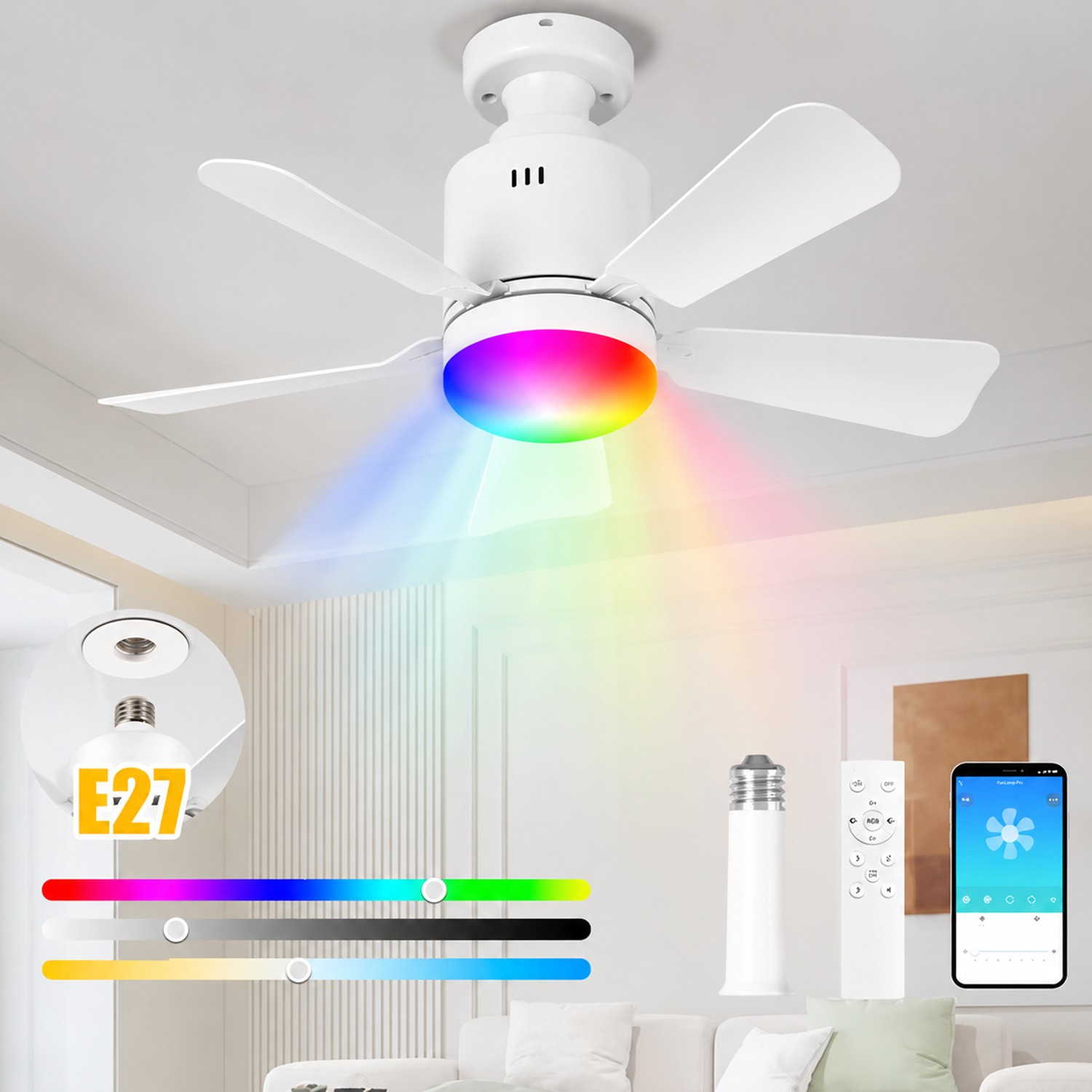 Ceiling Fan Lamp with APP Remote Control LED RGB Dimming E27 Socket Fan Light