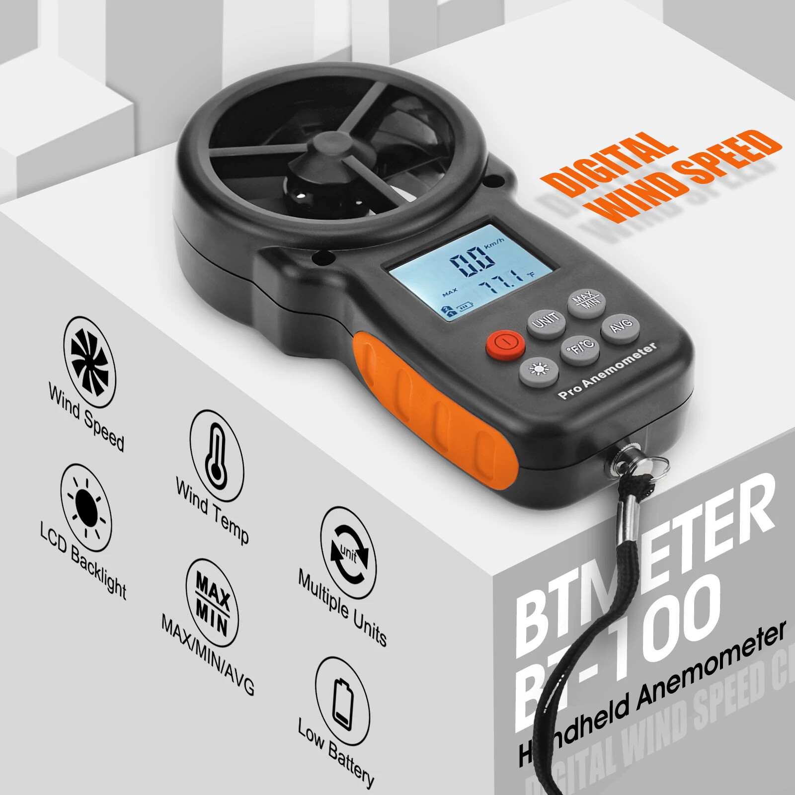 Digital Anemometer Handheld Wind Speed Meter Thermometer with Backlight LCD