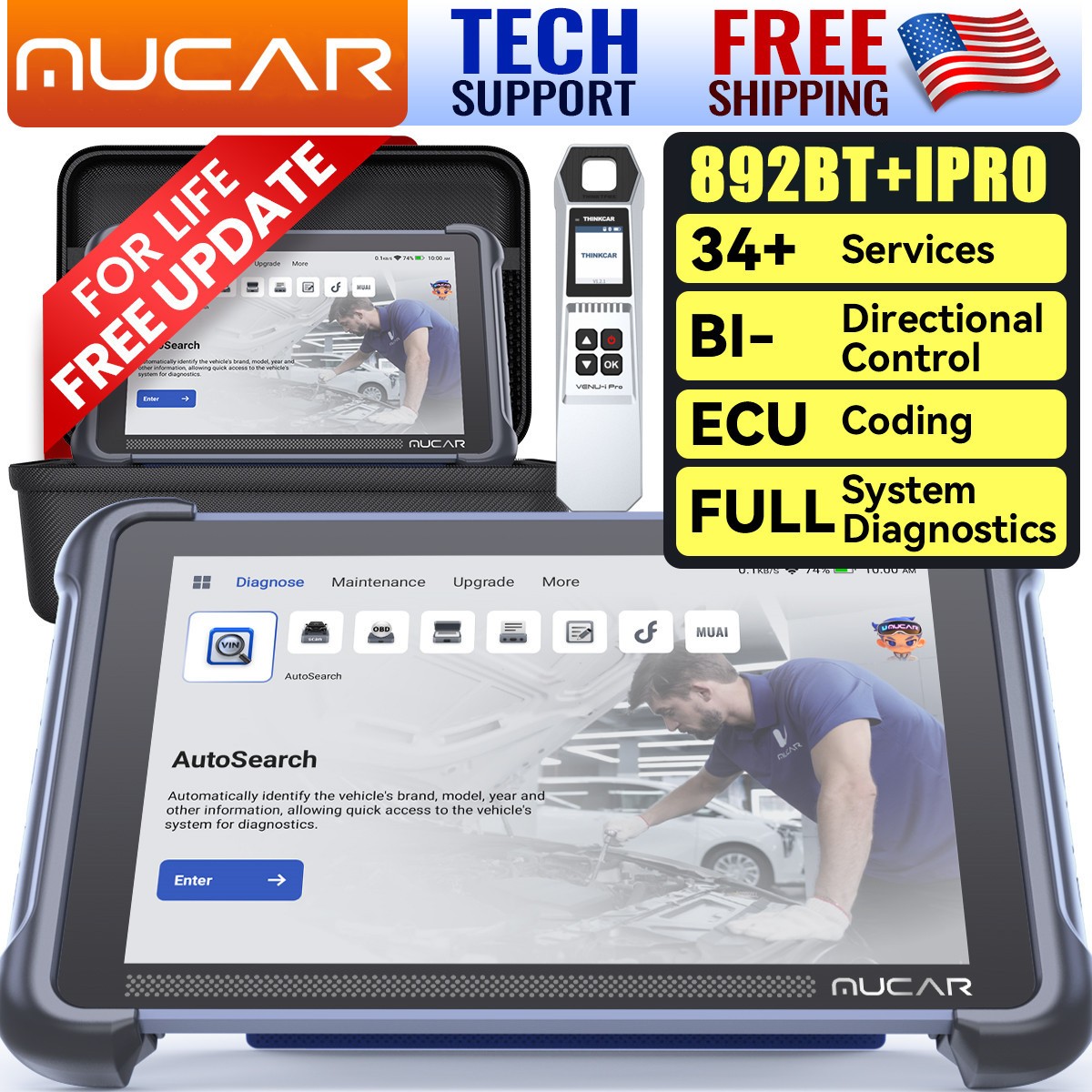 2025 MUCAR 892BT OBD2 Scanner Diagnostic Tool E.CU Coding All System TPMS Scan