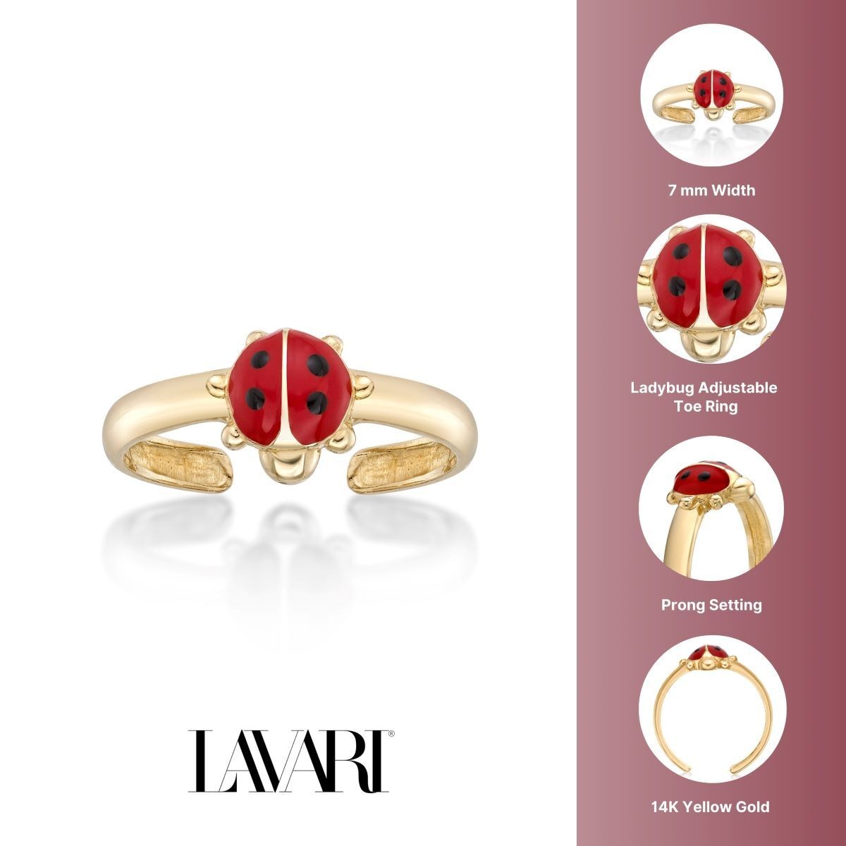 14K Yellow Gold Adjustable Lady Bug Toe Ring Jewelry for Women Hypoallergenic