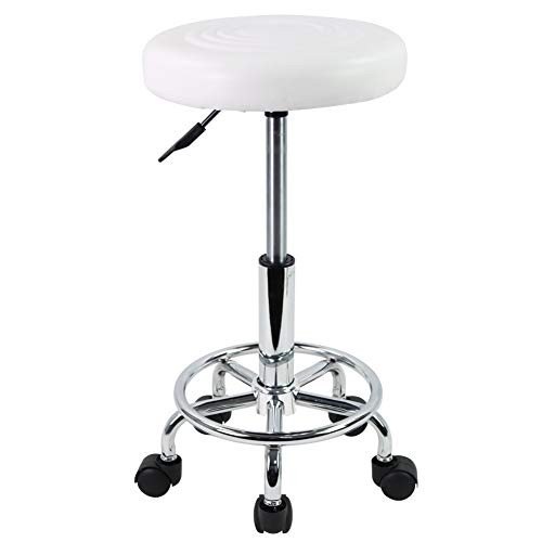 PU Leather Modern Round Rolling Stool with Footrest Height Adjustable White