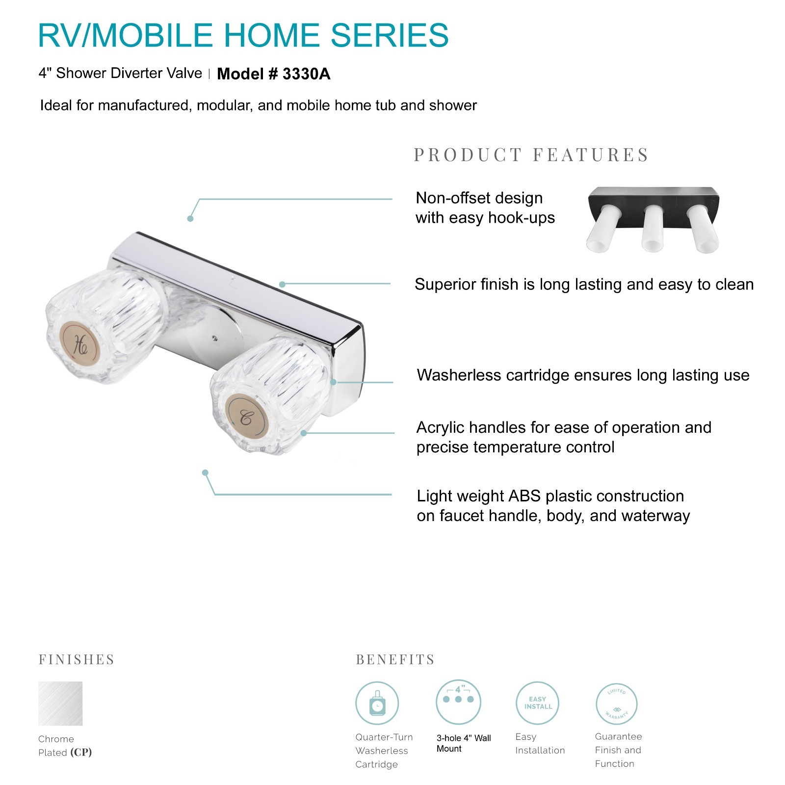 Mobile Home Two Handle 4" Shower Faucet Valve Chrome Finish