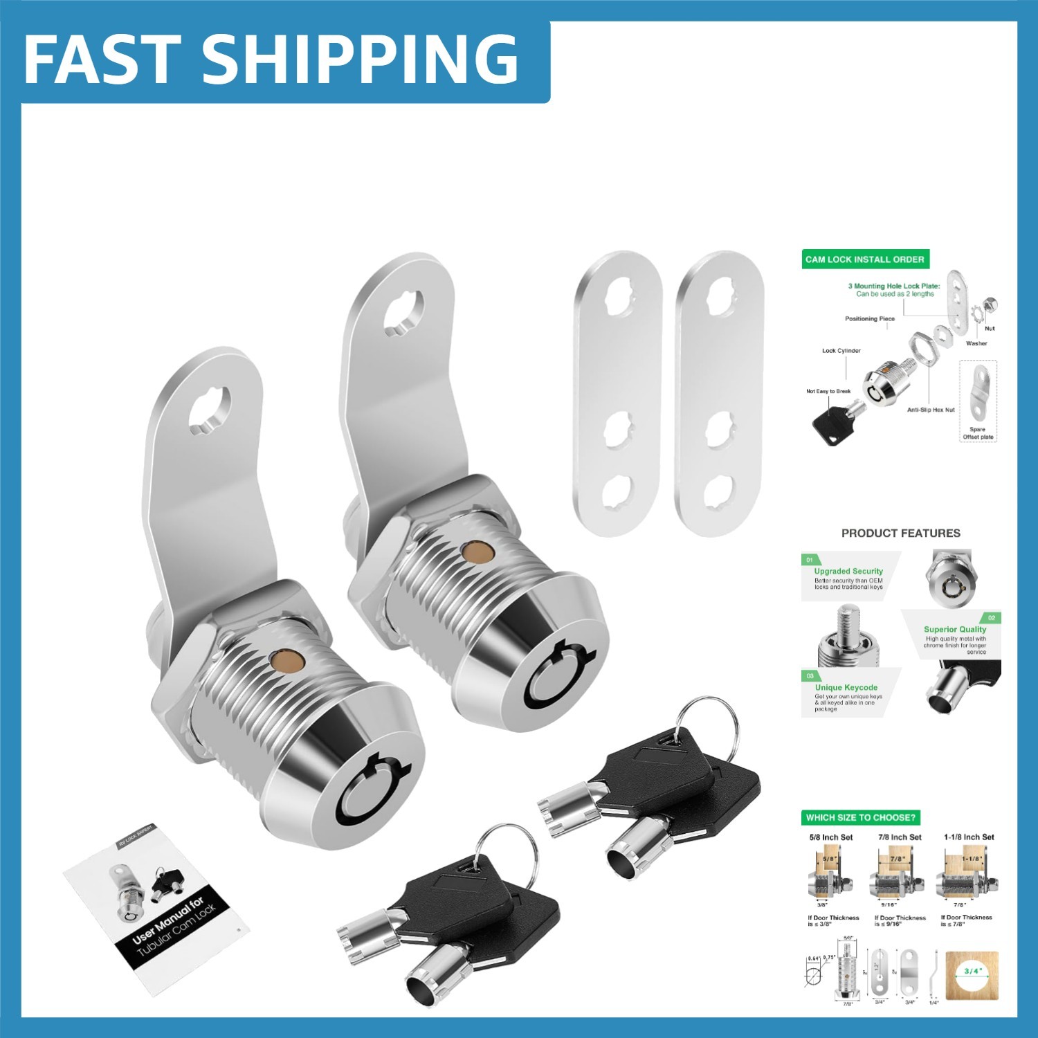 Secure 5/8" Cabinet Lock with Keys - 2 Pack Keyed Alike - Durable Chrome Finish