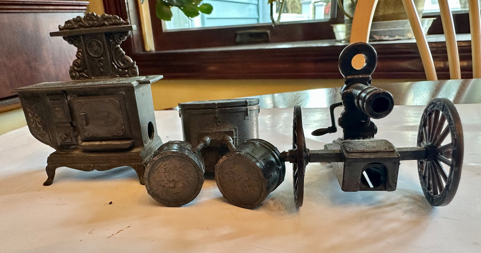Vintage Set of 3 Brass Miniature Pencil Sharpeners-Stove-Cannon-Drums