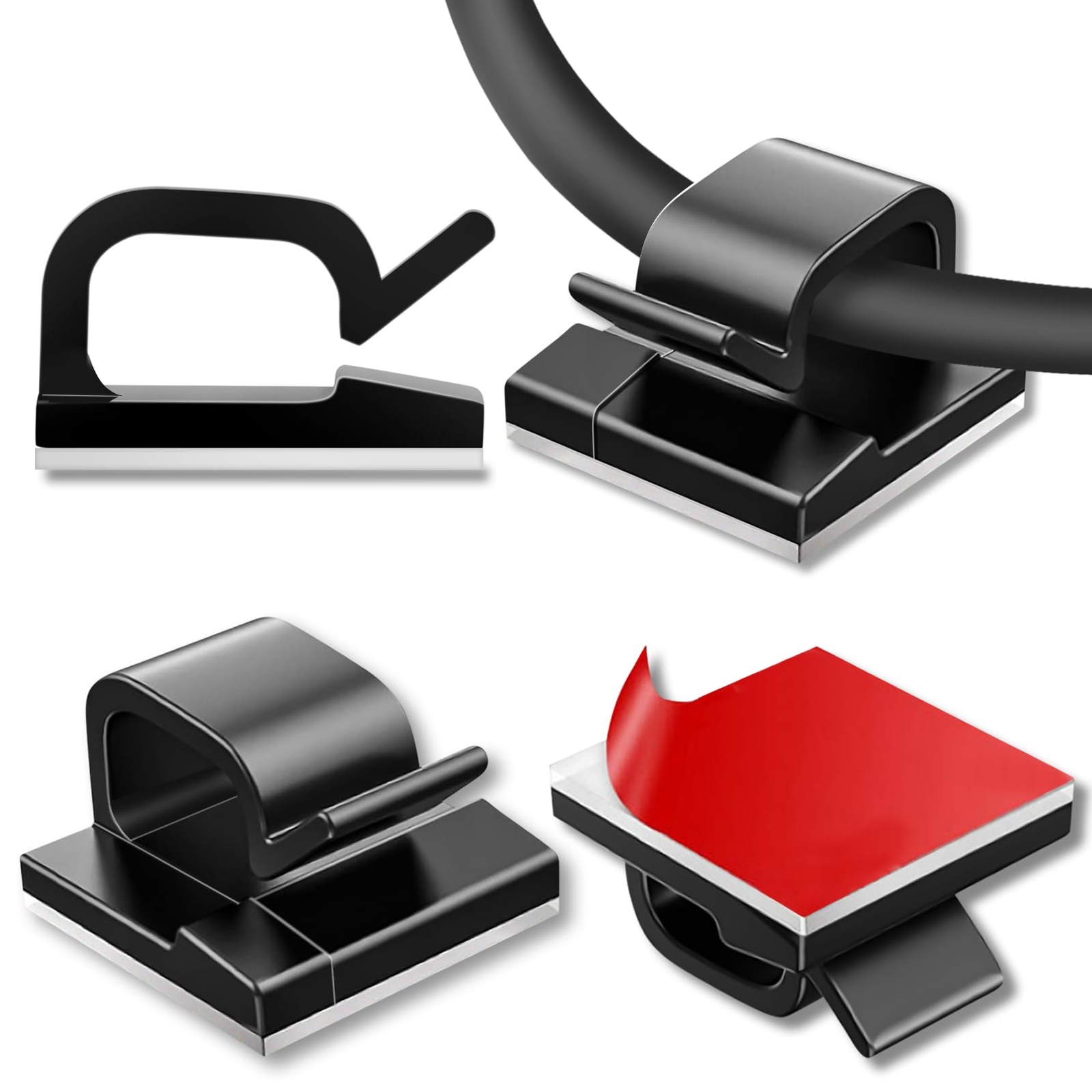 100 Pcs Black Adhesive Cable Clips Cord Management for Office and Home Use