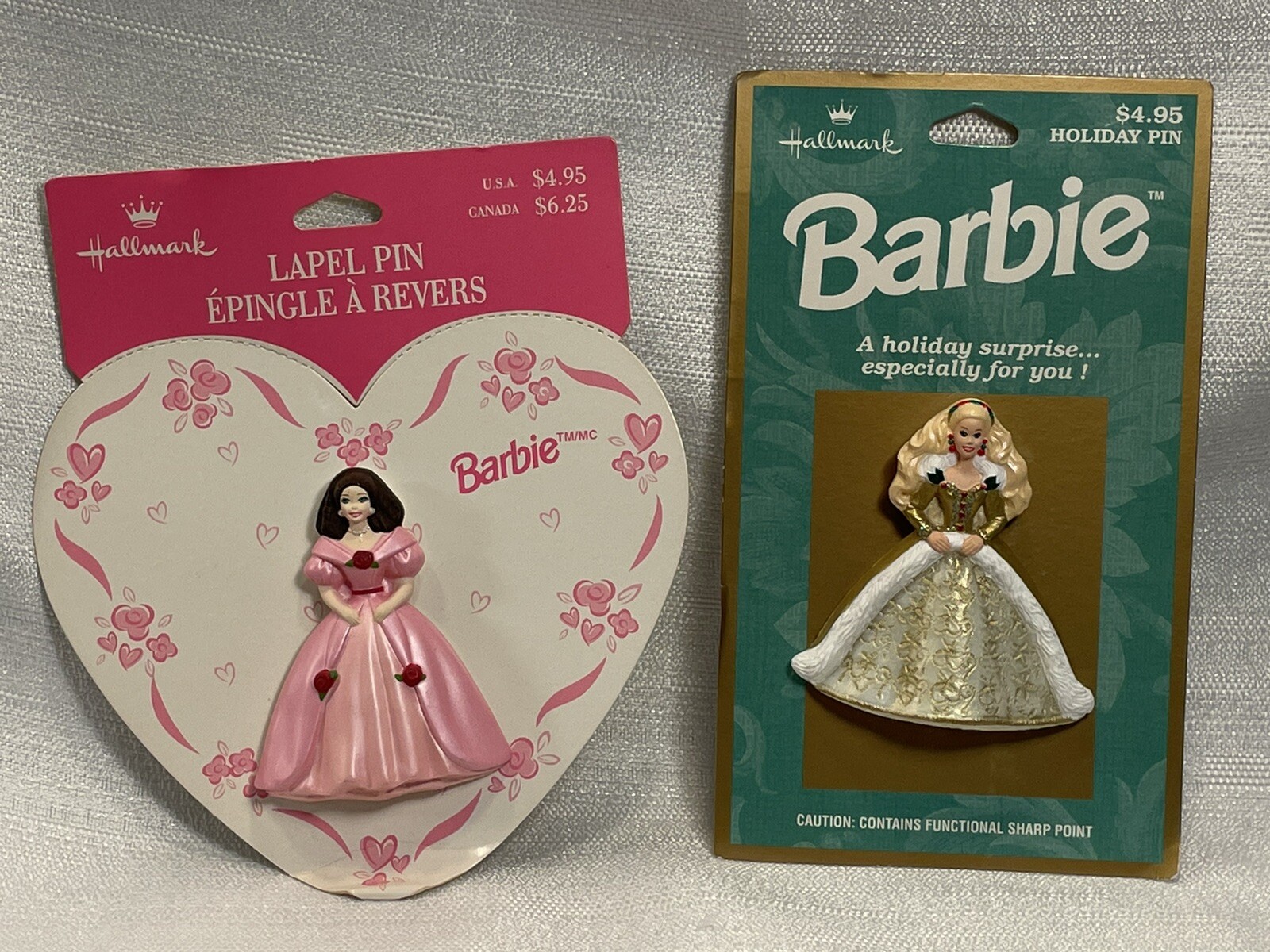 Barbie HALLMARK  Lot of 2 Christmas Brooch Pins New On Original Cards