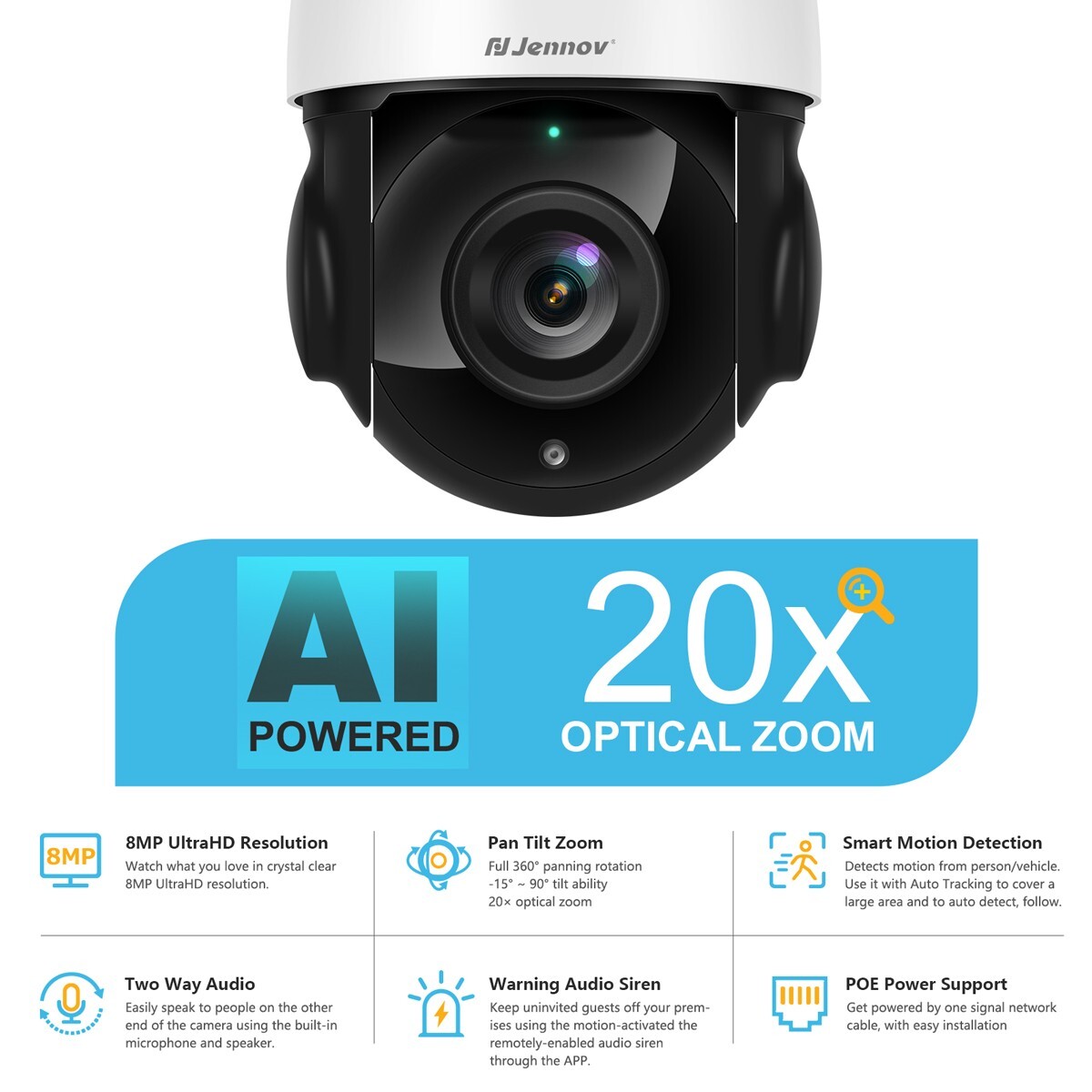 JENNOV Outdoor 4K 8MP Auto-Tracking PoE Security Camera 360° Coverage