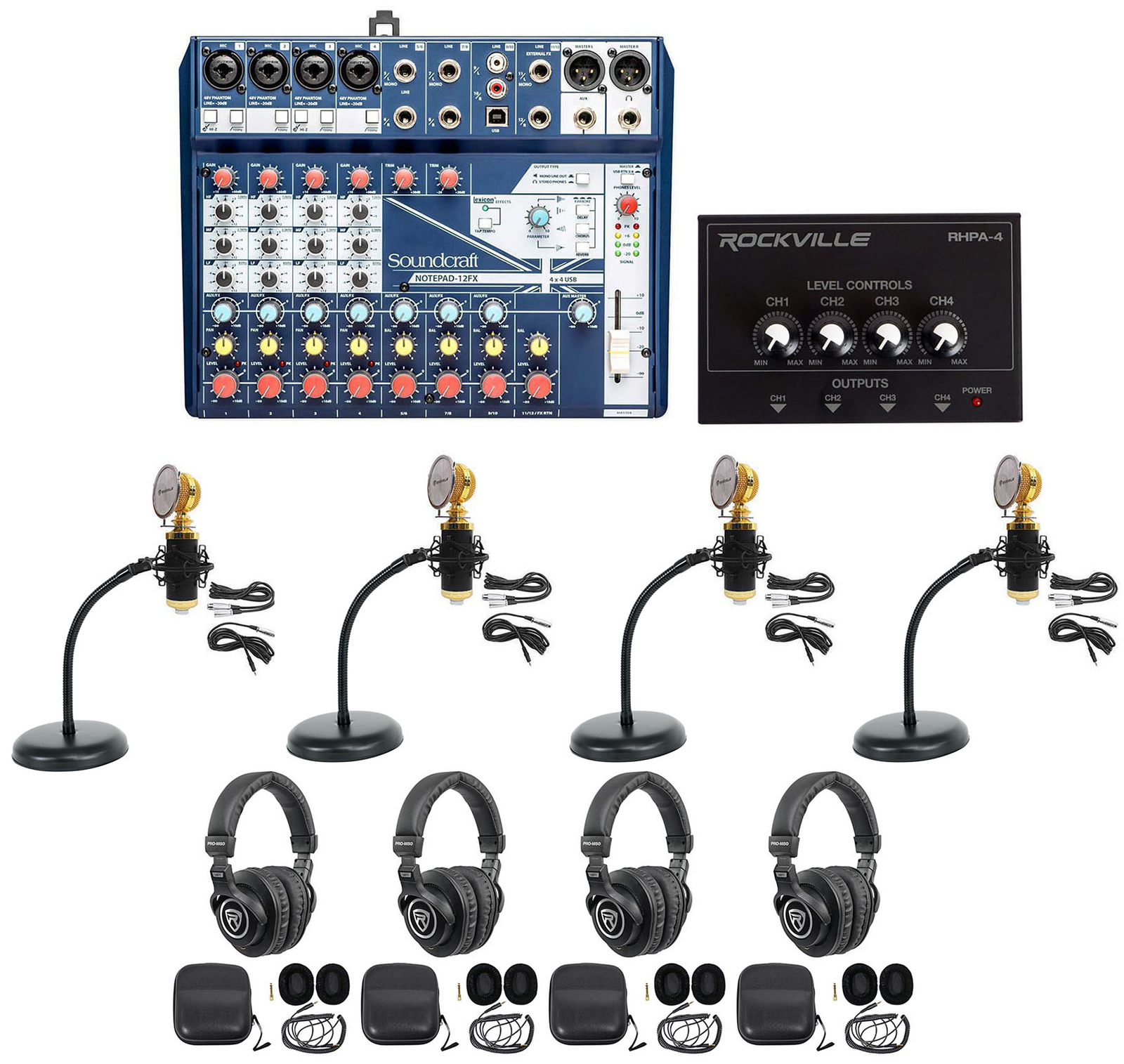 Soundcraft 4-Person Podcast Podcasting Recording Kit Mics+Headphones+Desk Stands
