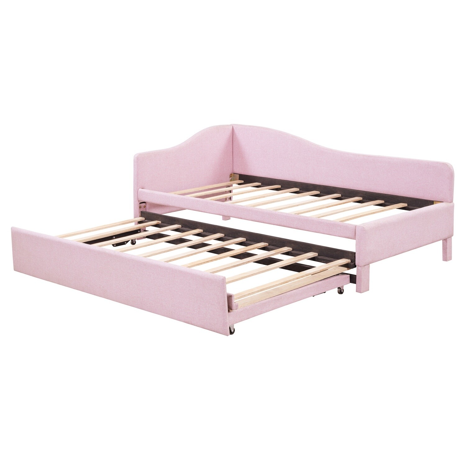 Twin Size Daybed Linen Upholstered Bed Frame Sofa Bed with Pull Out Trundle Bed