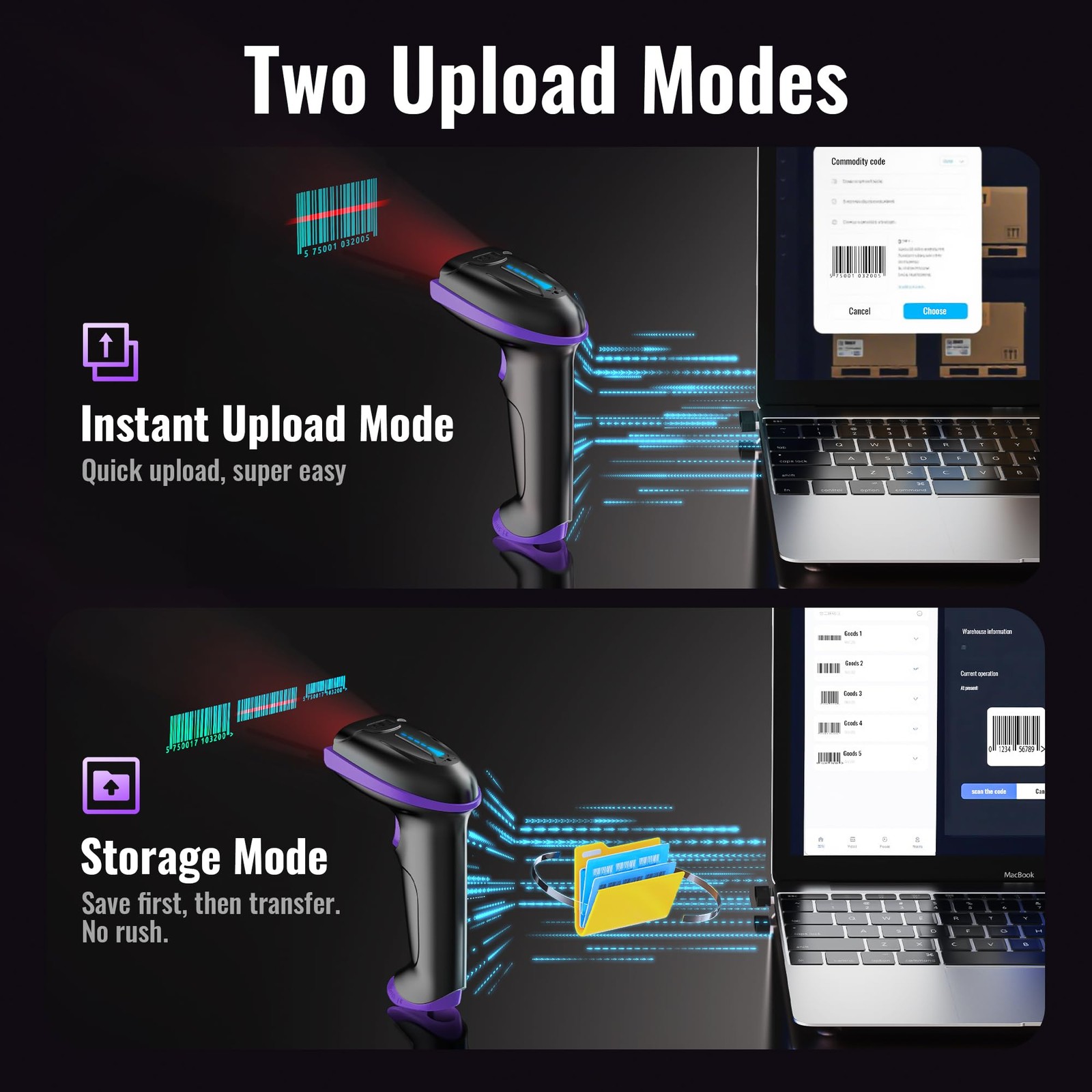 Tera Barcode Scanner Wireless Versatile 2-in-1 (2.4Ghz 1D Purple, Purple