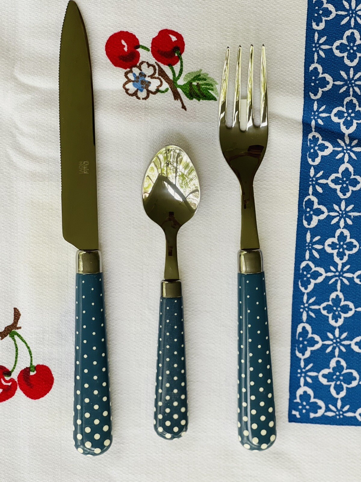 Quid Novi Colorful Flatware - White Polka Dots On Country Blue Background.