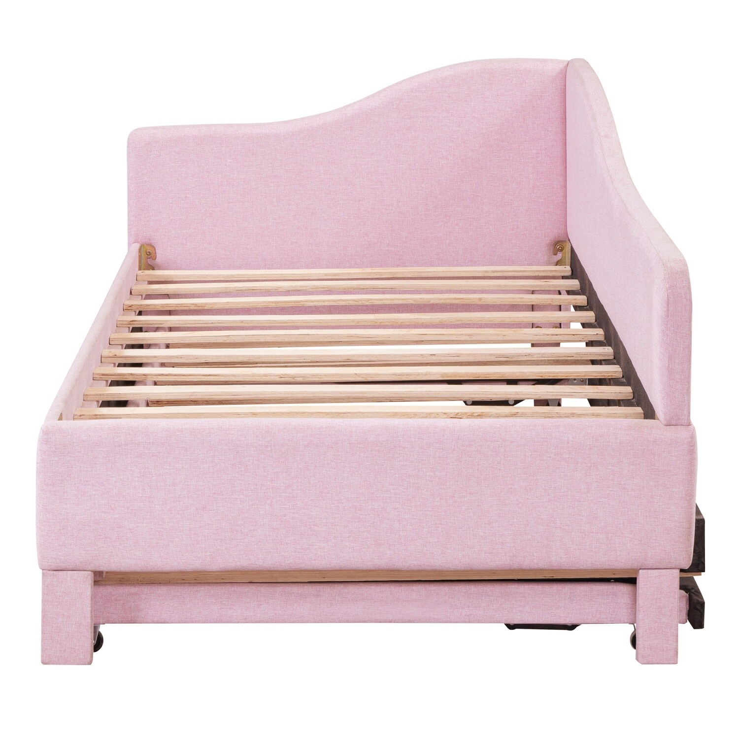 Twin Size Daybed Linen Upholstered Bed Frame Sofa Bed with Pull Out Trundle Bed