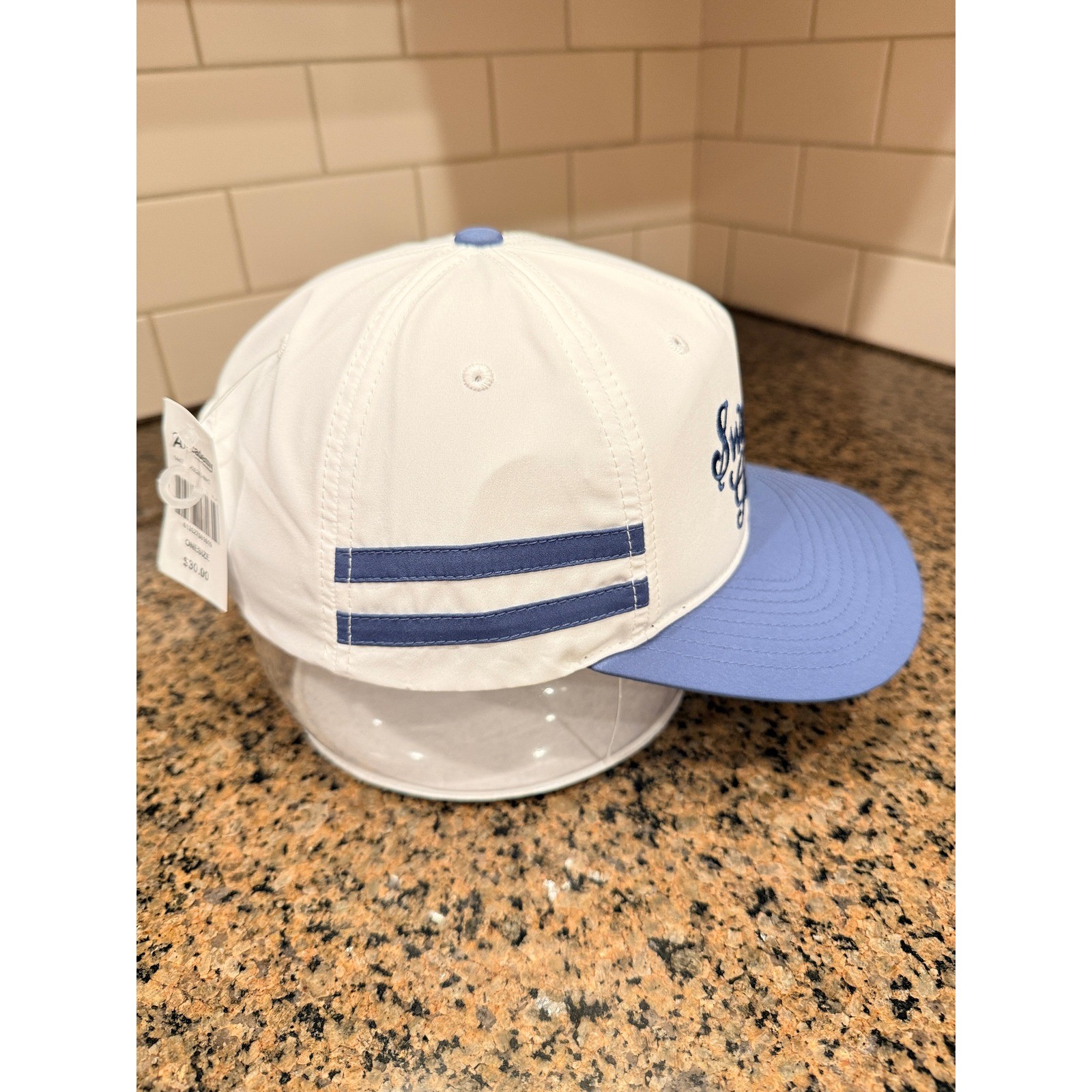 Swannies Golf Co Hat Mens Snapback Script Logo Striped White Blue New