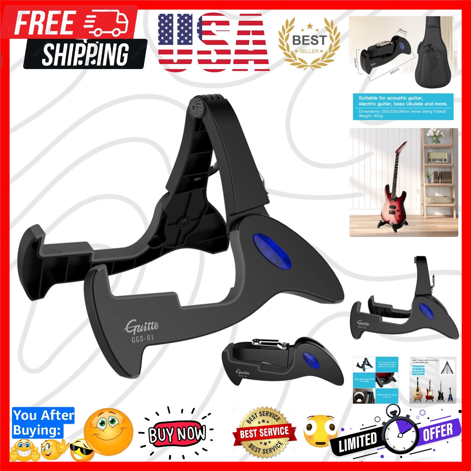 Guitar Stand Tripod Adjustable Classic A-Frame Stand Universal for Acoustic a...