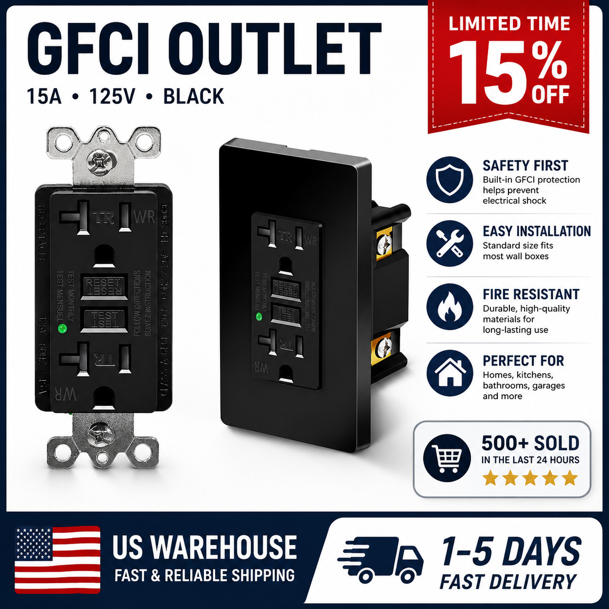1Pack WR TR GFCI Black Outlet 15A 120V Ground Fault Circuit Interrupter with LED