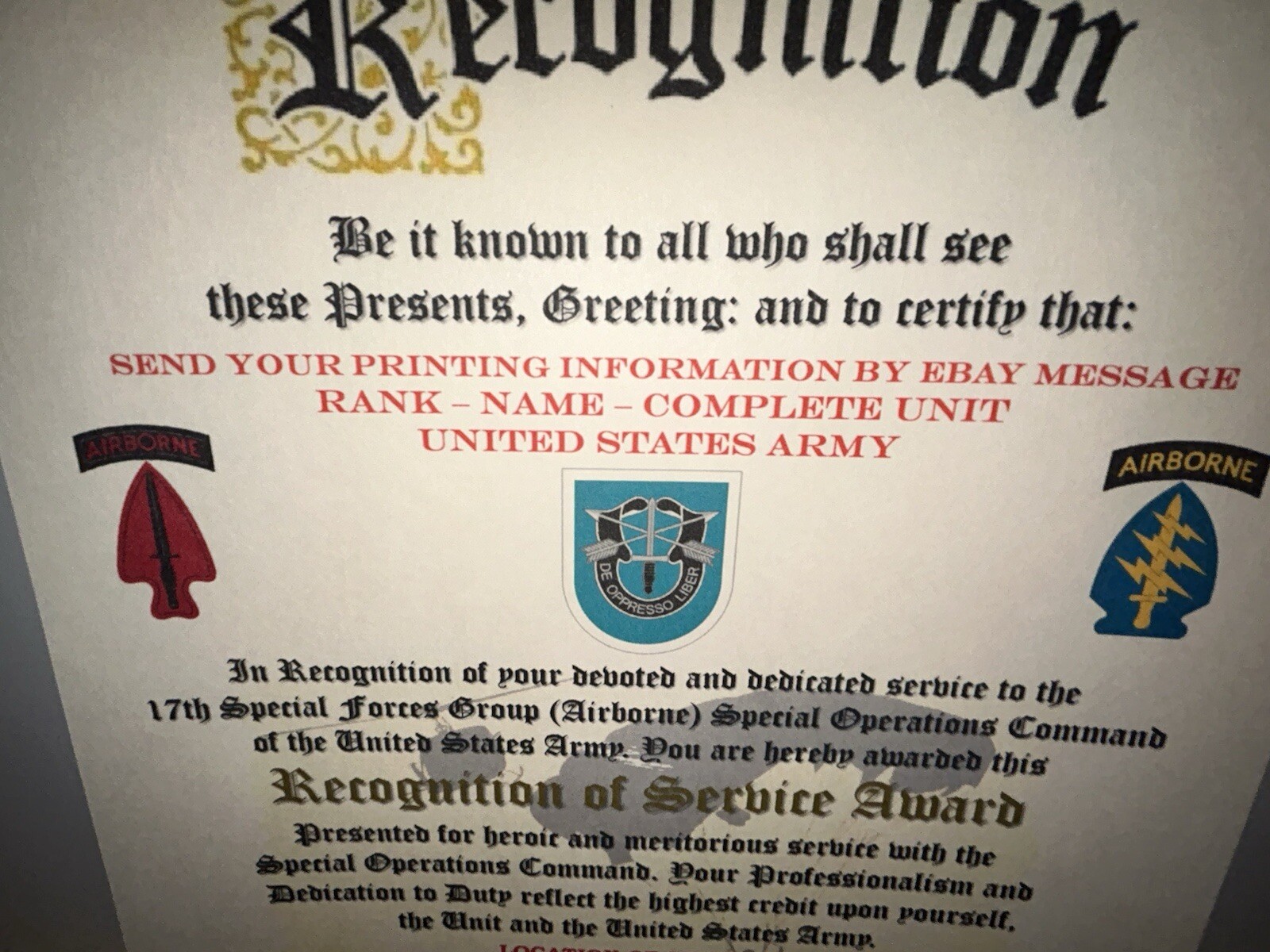 U.S. ARMY - 17TH SPECIAL FORCES GROUP (ABN) RECOGNITION OF SERVICE AWARD