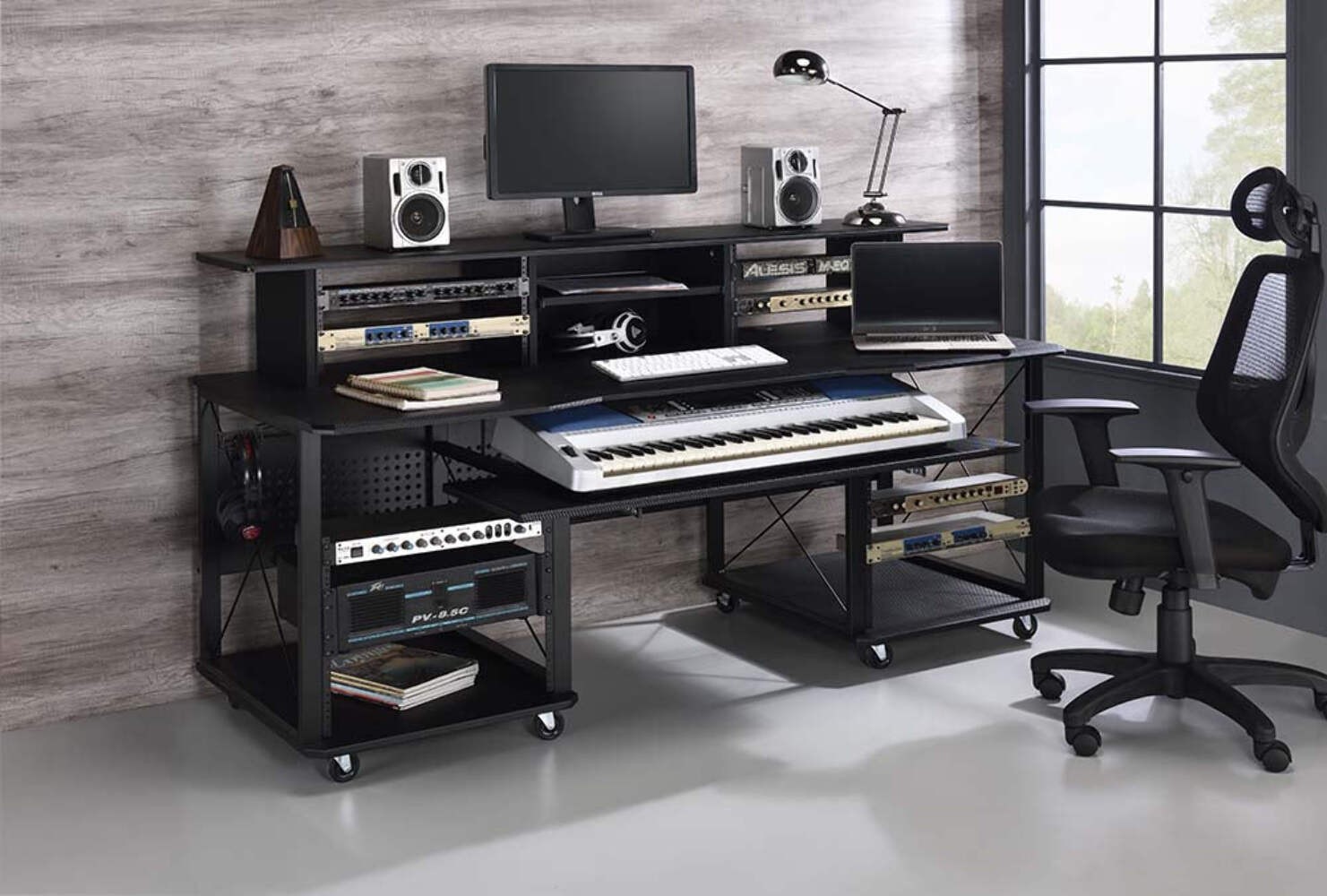 Megara Music Desk -Black Rectangular Music Studio Desk with Keyboard Tray, Hutch