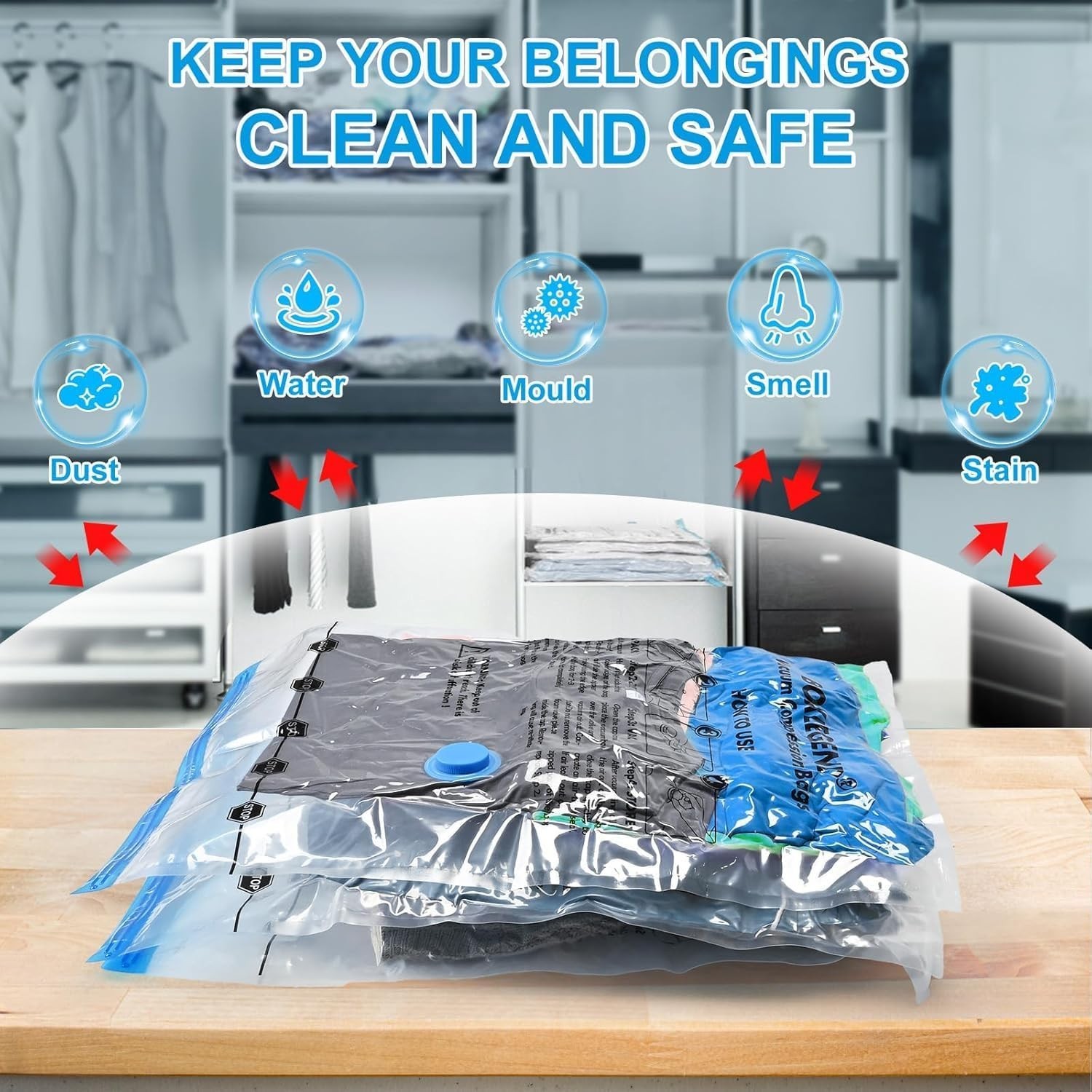 Transparent Compression Bags with Pump - 6 Medium Storage Solutions for Clothing