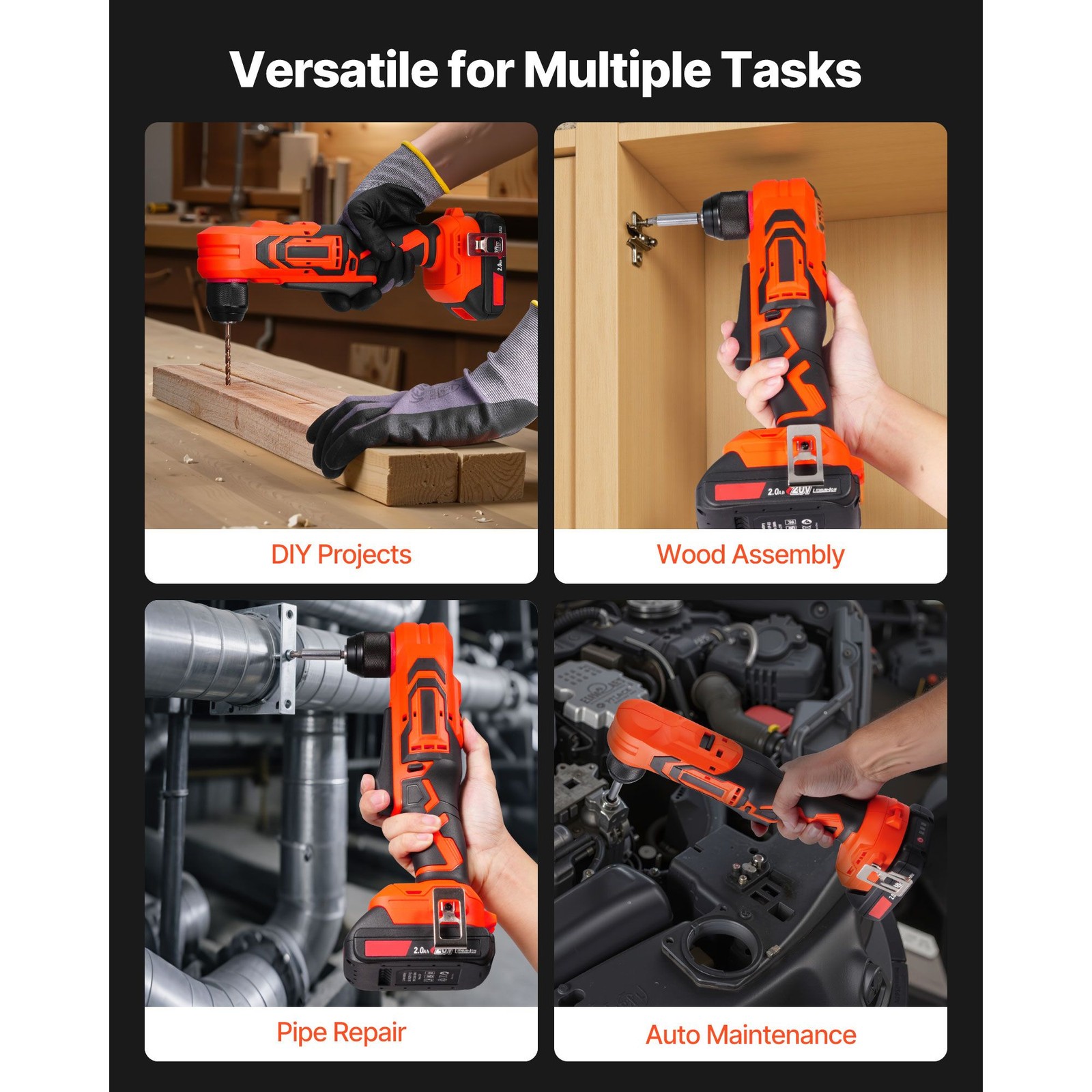 Cordless 3/8" Right Angle Drill, Brushless, 45N·m, LED Light