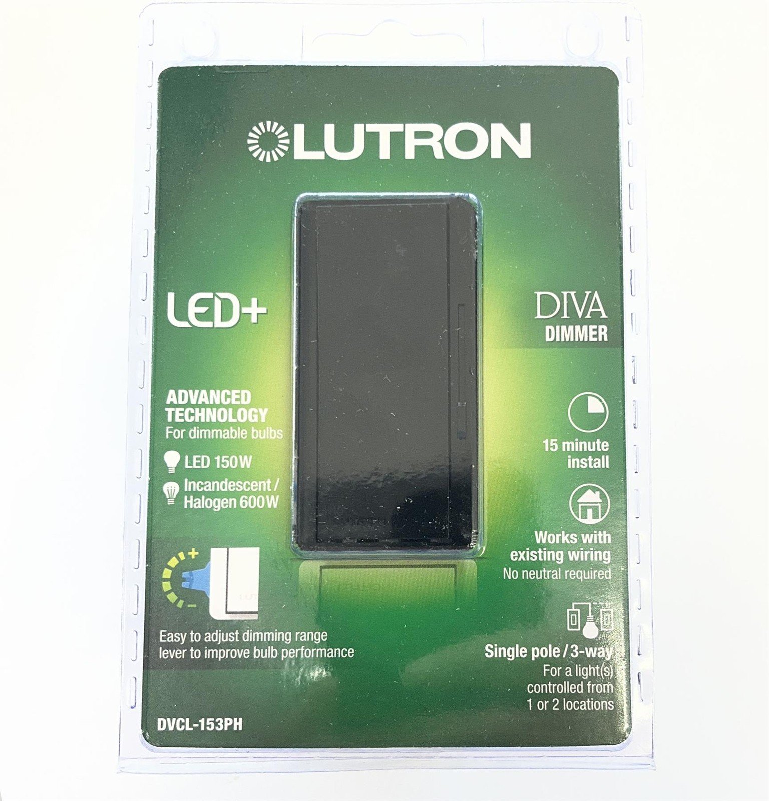 Lutron DVCL-153PH-BL Diva LED+ 3-WAY DIMMER SWITCH Black LED/CFL