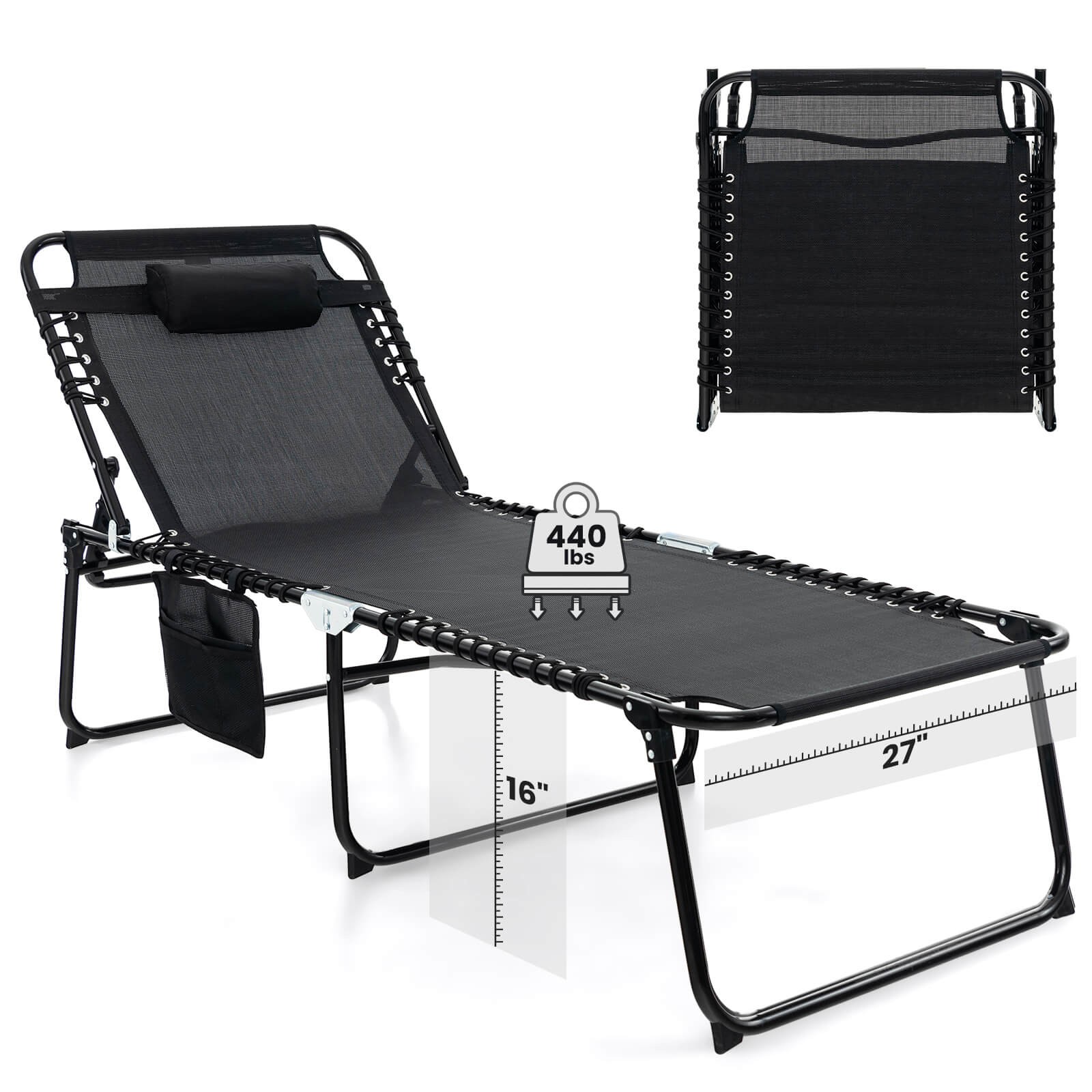Oversize Folding Chaise Lounge w/ Adjustable Backrest Detachable Pillow & Pocket