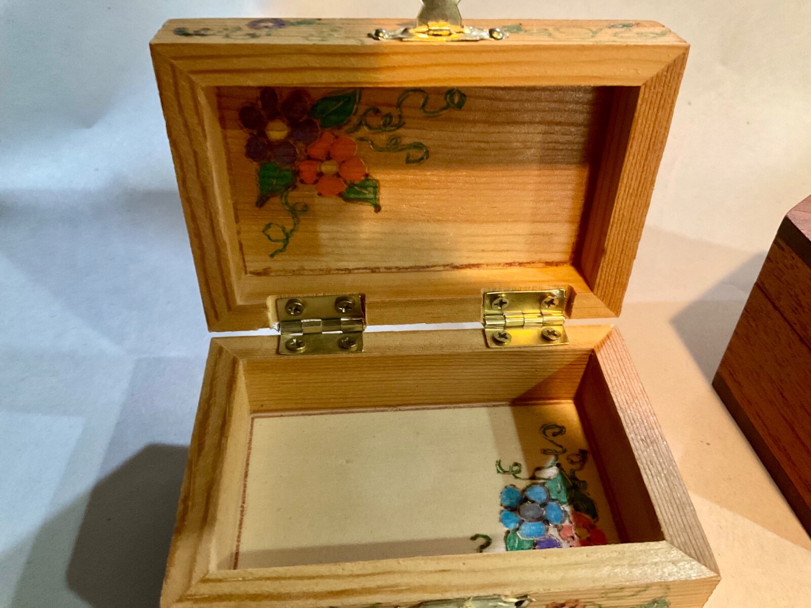 2 small, wood, hinged trinket boxes , 1 hand painted
