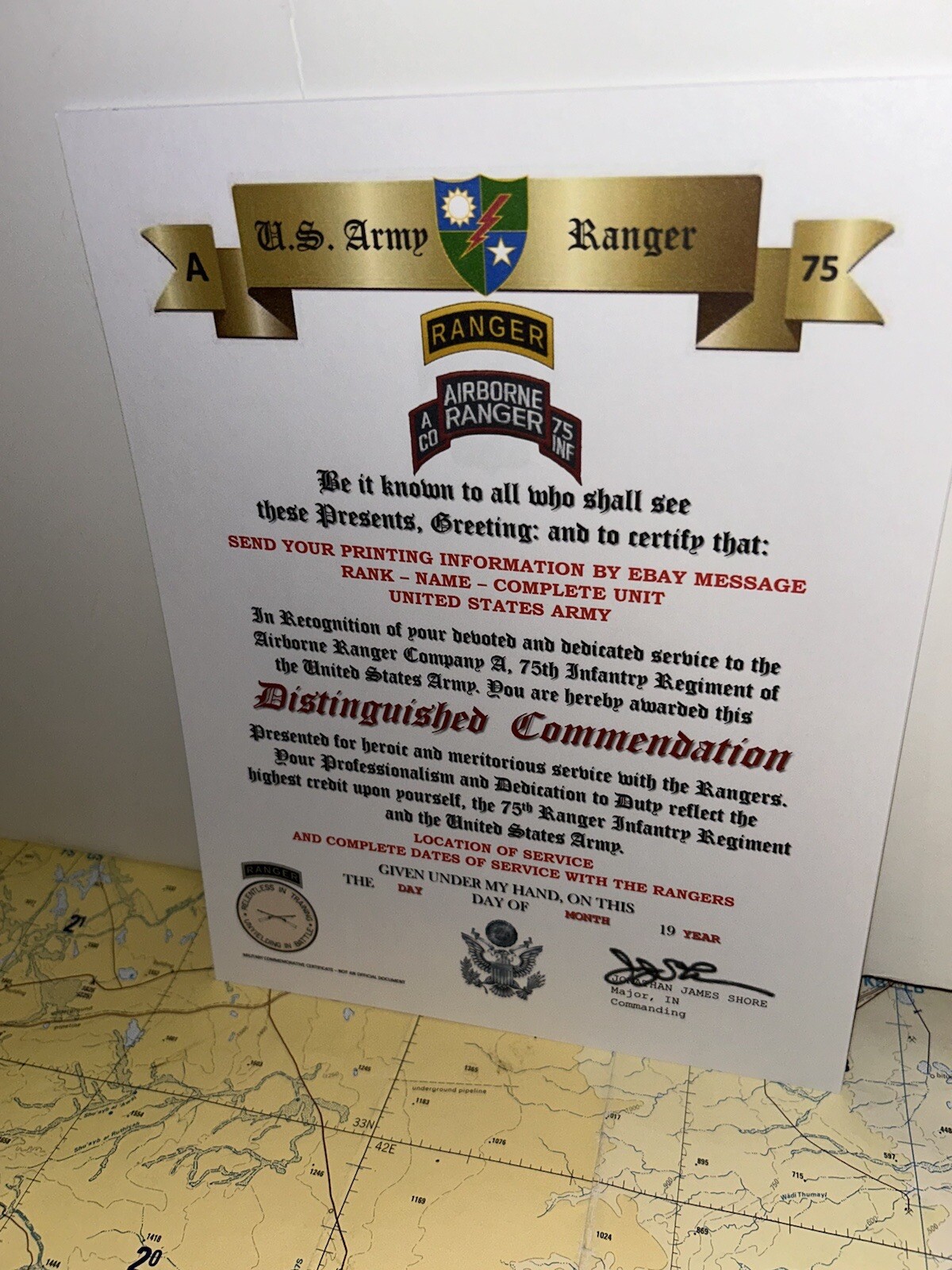 U.S. ARMY - A CO. 75TH RANGER INFANTRY / DISTINGUISHED COMMENDATION CERTIFICATE