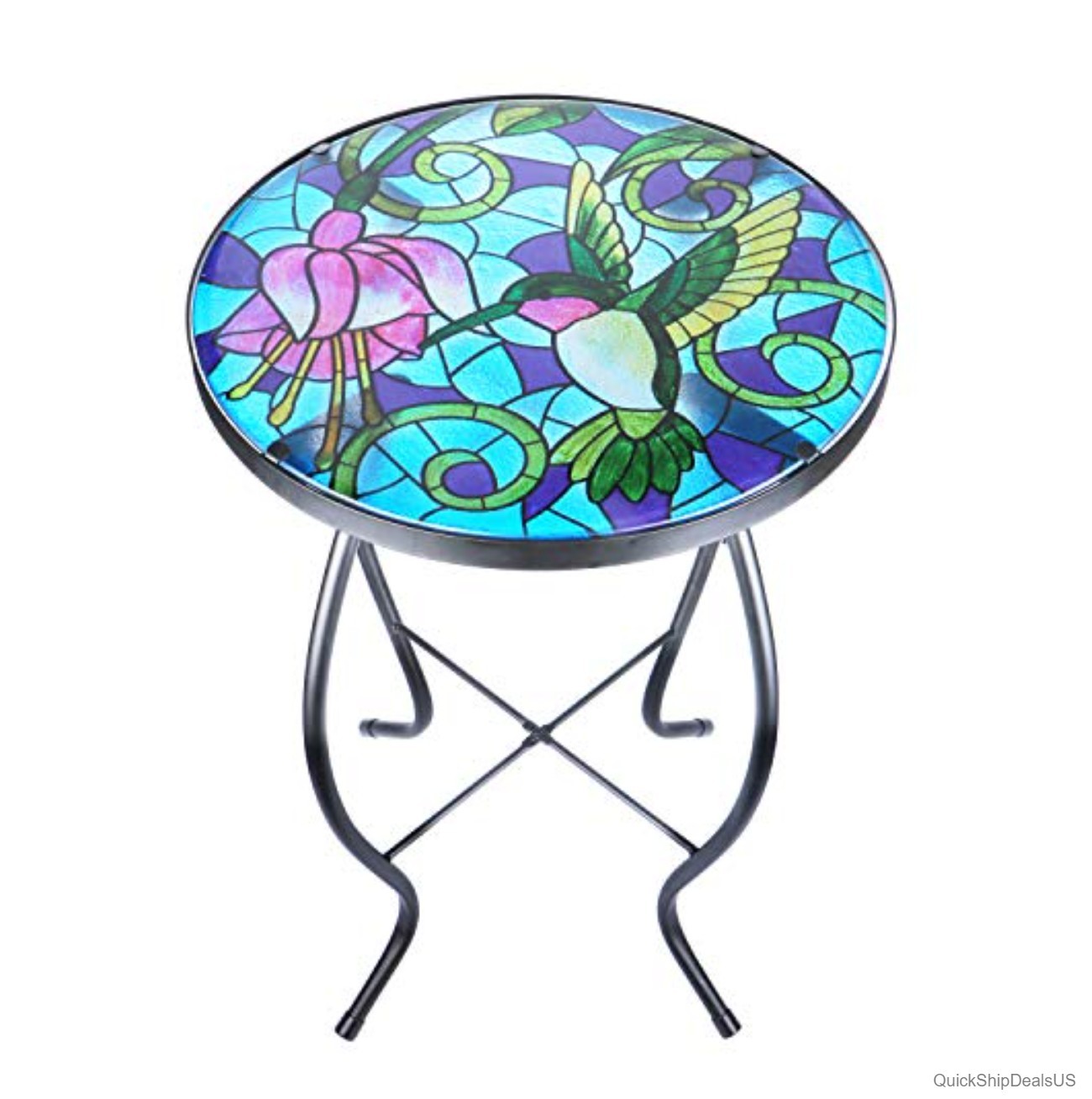Round Glass Side Table 14 Inch Outdoor Patio Accent Metal Frame Hummingbird