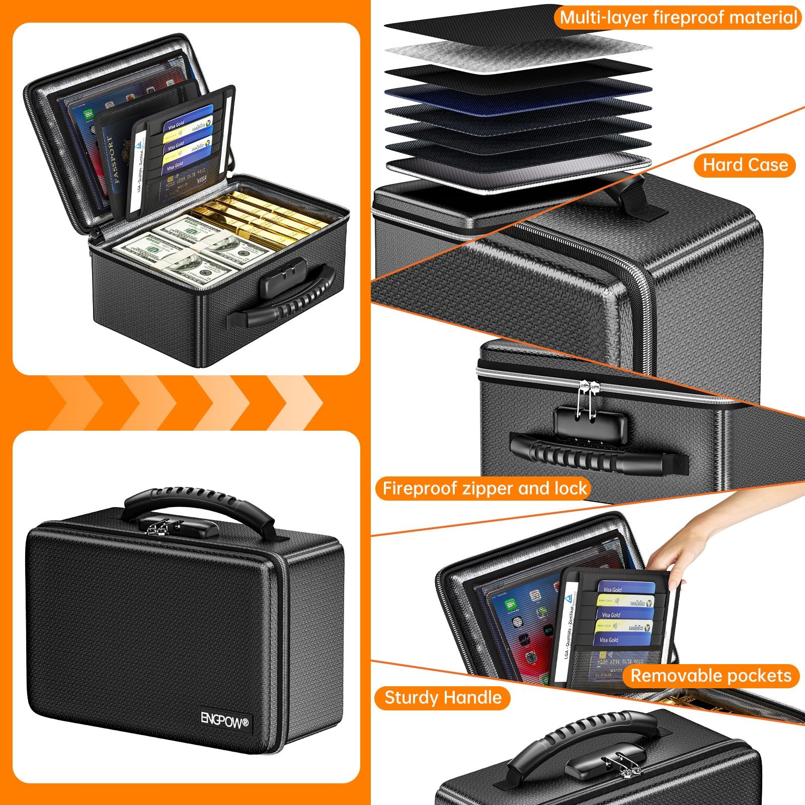 ENGPOW Fireproof Money Box, Small Hard Case Fireproof Box with Fireproof Zipp...