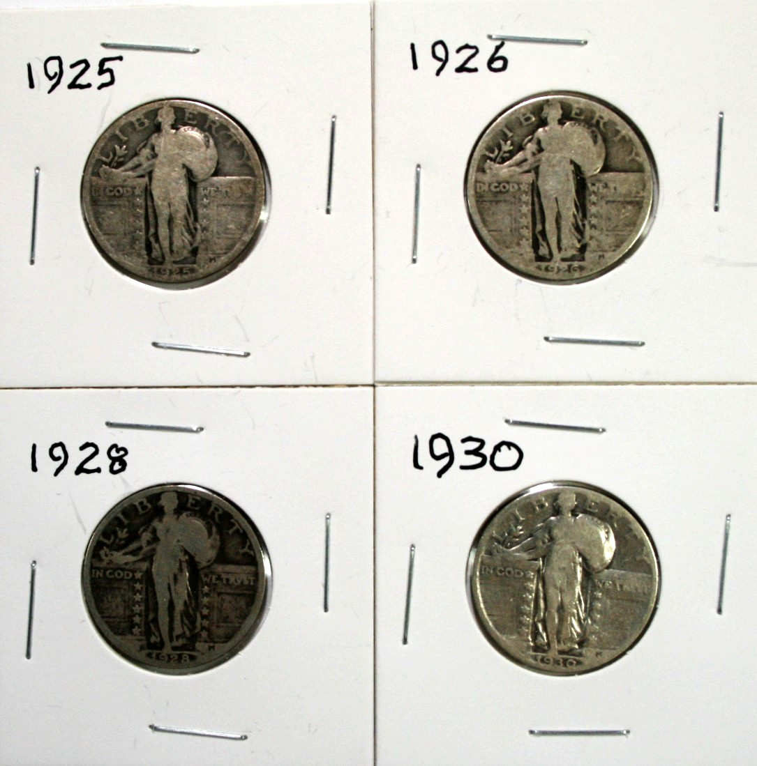 Four Standing Liberty Quarters 1925, 1926, 1928, 1930 circulated #SC