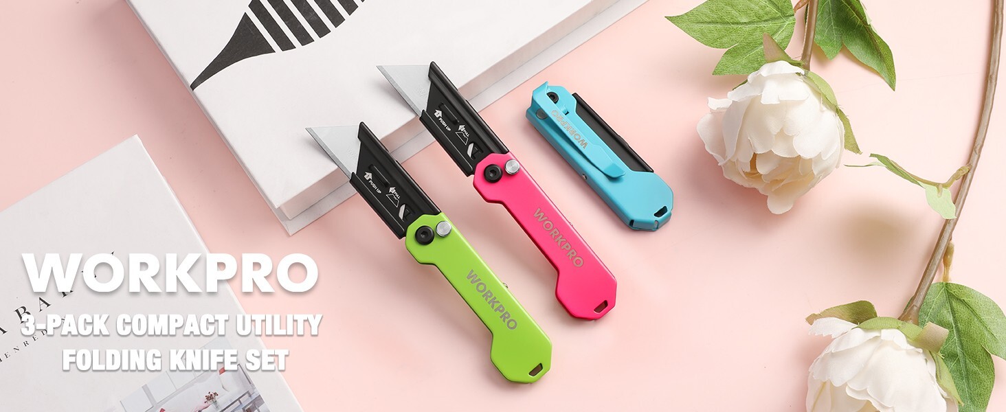 WORKPRO 3PCS Folding Utility Knife Mini Box Cutter Axis Lock Quick-change Blades