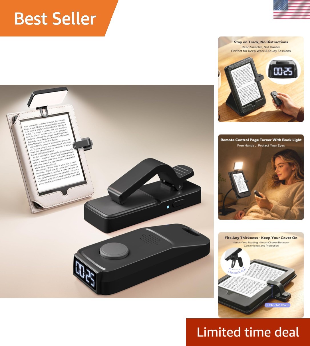 Rechargeable Page Turner Remote with LCD Timer & Book Light for Bedside Reading