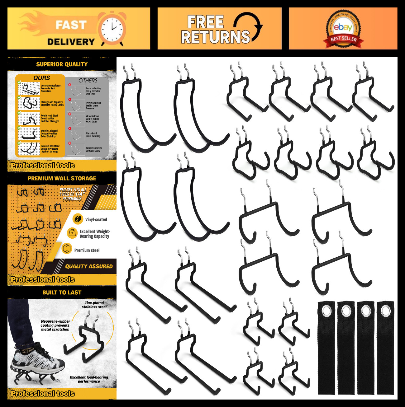 28-Piece Heavy Duty Pegboard Hooks & Straps - Tool Organizer Accessories for 1/4