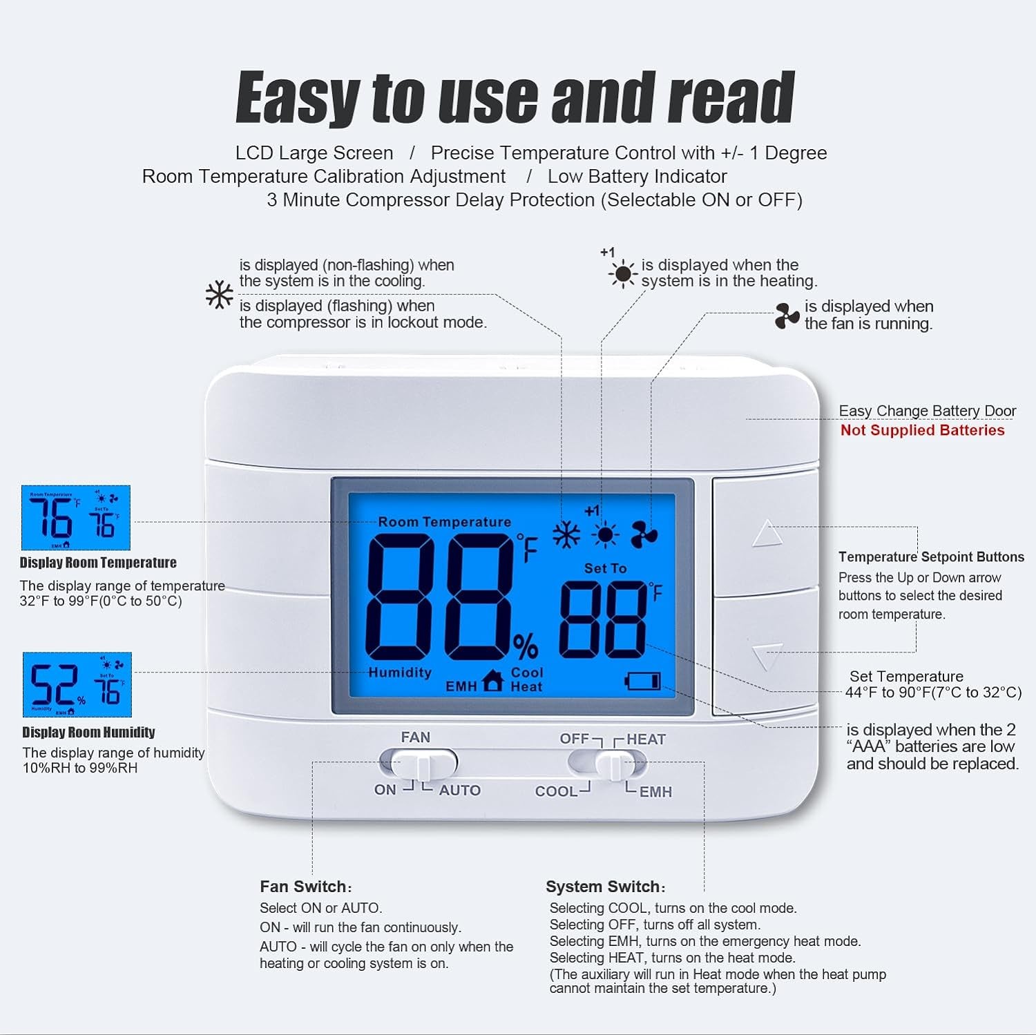 Thermostat Non Programmable Heat Pump for House Blue Backlight