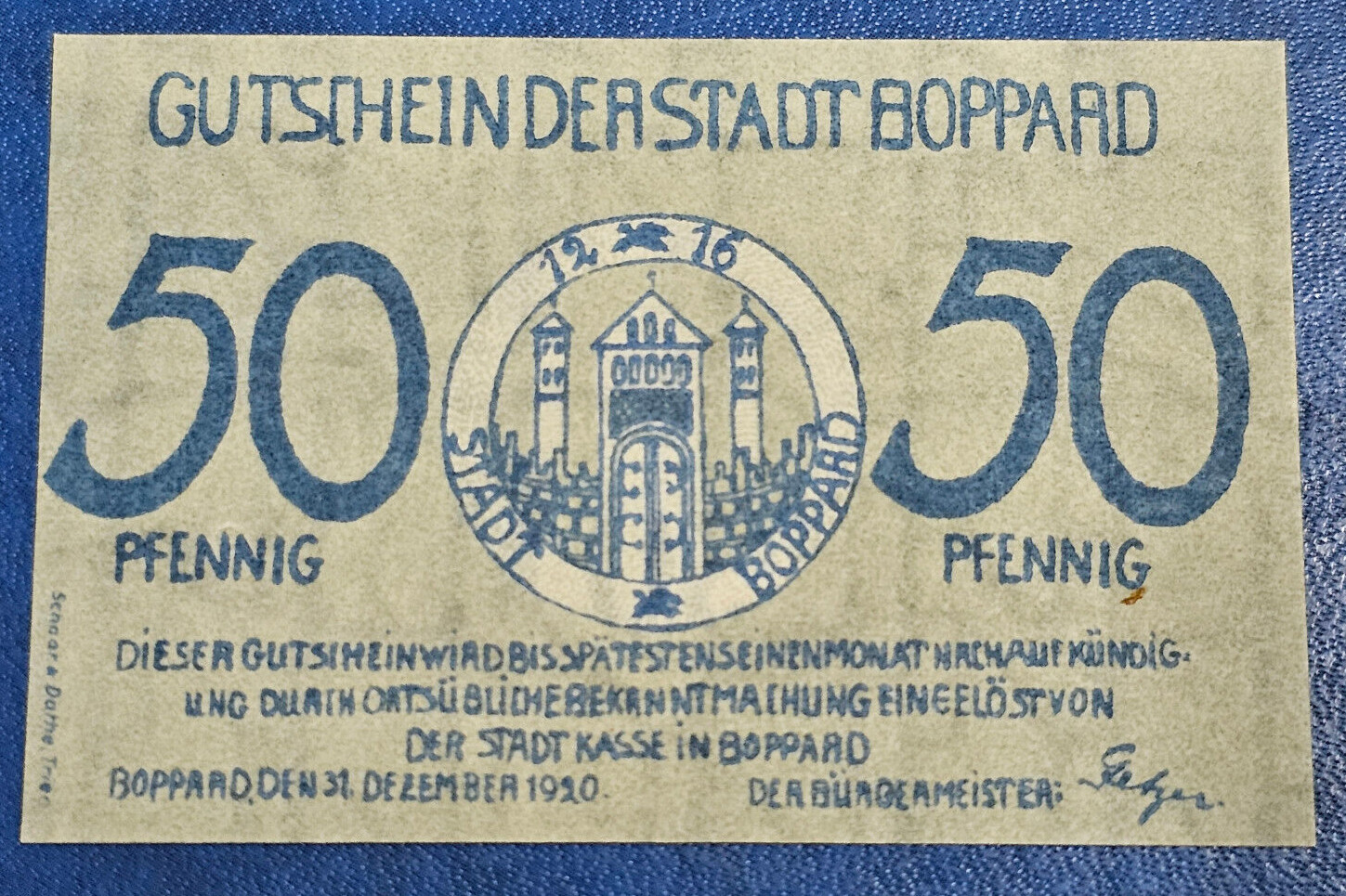 BOPPARD NOTGELD 50 PFENNIG 1920 EMERGENCY MONEY GERMANY BANKNOTE [🇩🇪35166]