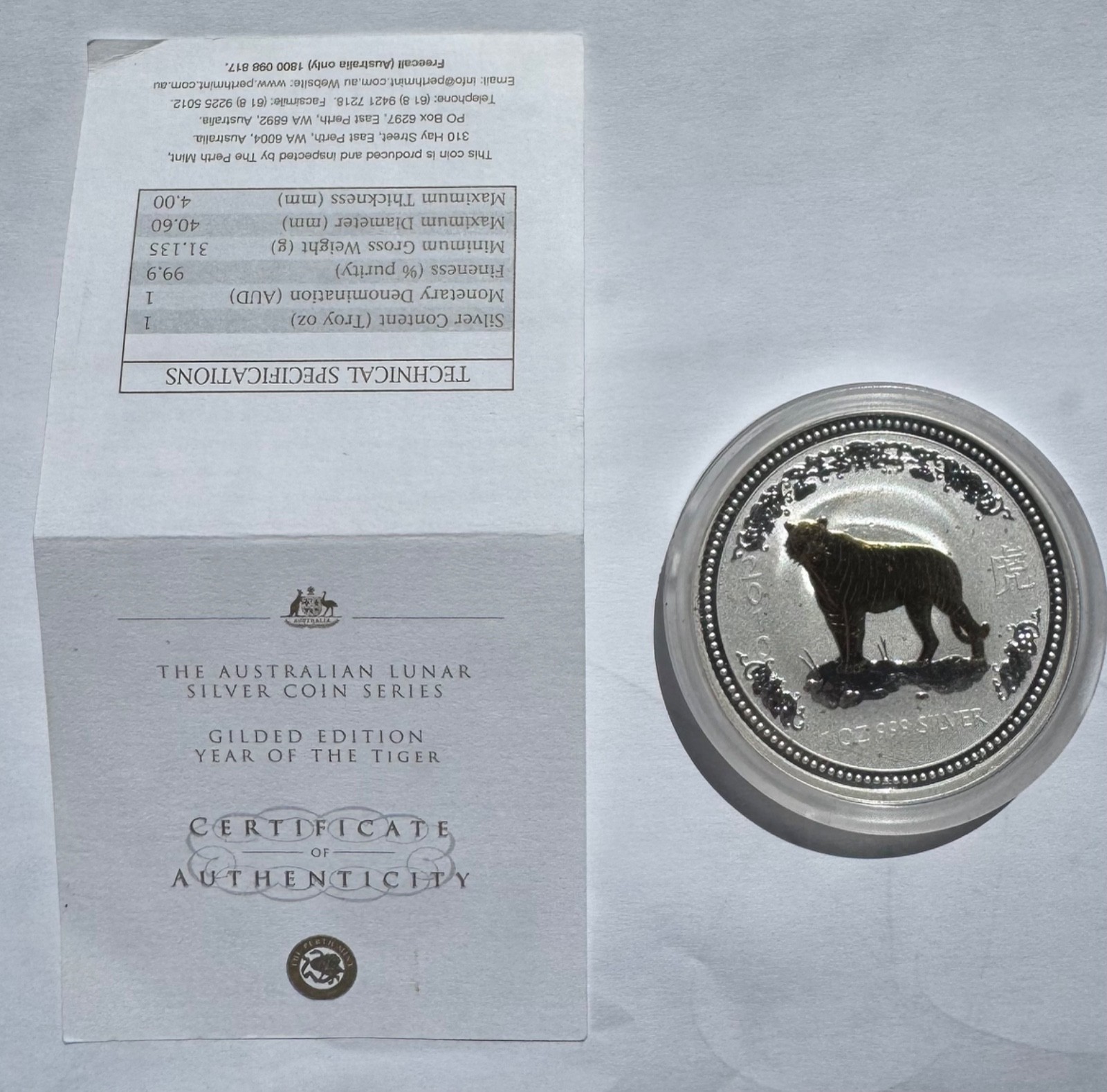 2007 2010 Australia Lunar I Year of the Tiger 1 Oz Gilded Silver Coin $1